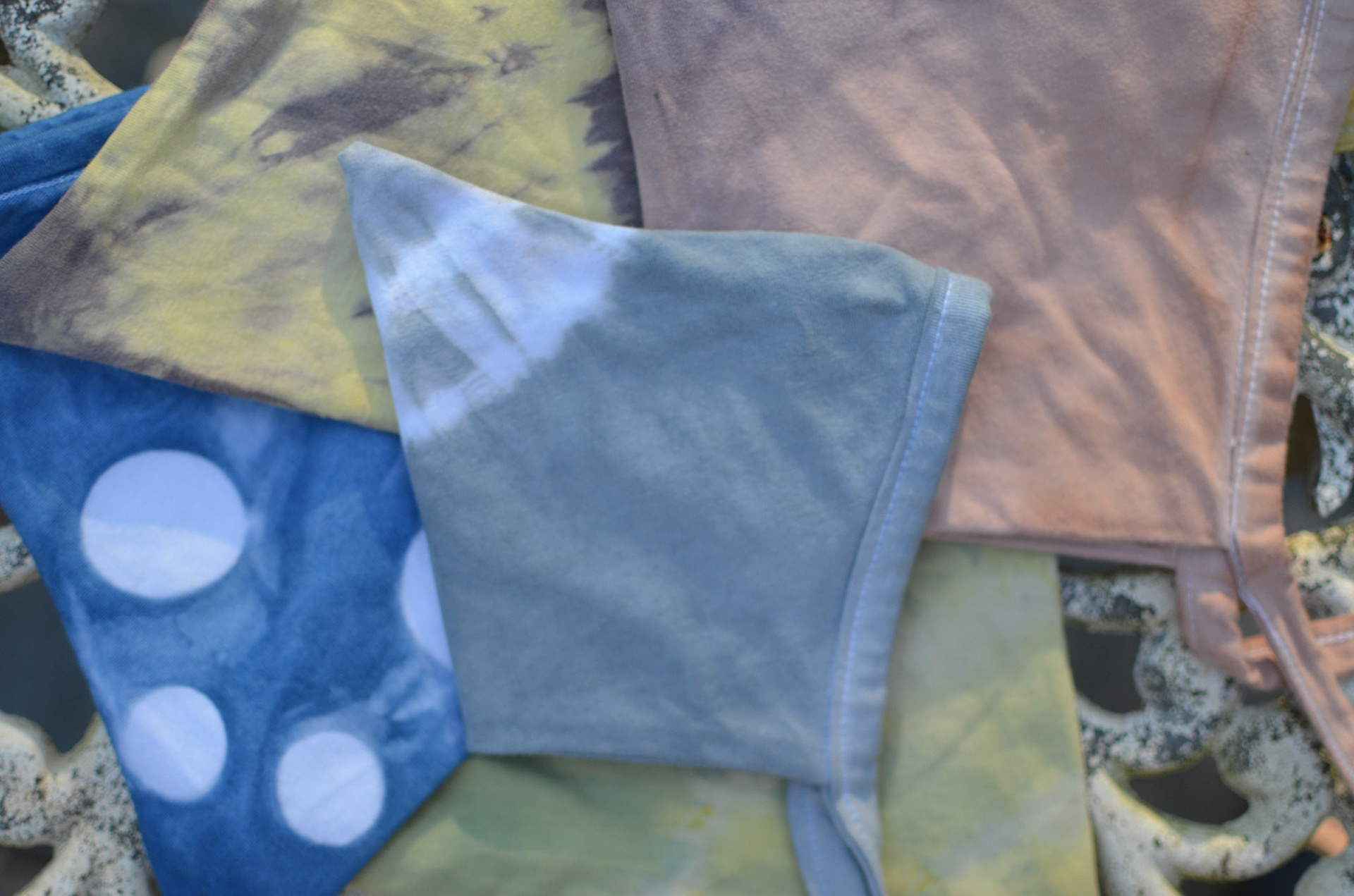 Natural dyes on hand sewn bonnets.