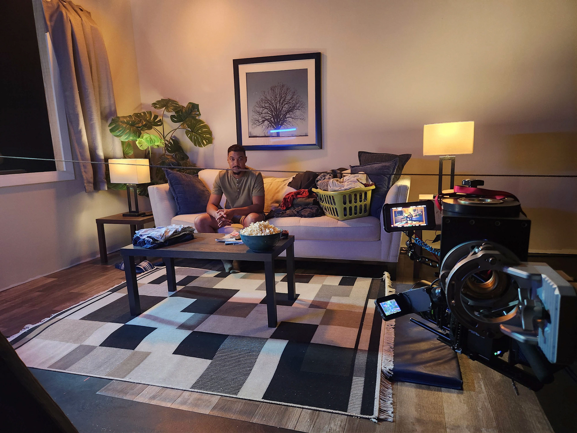 Stunt line through living room scene breakaway table.