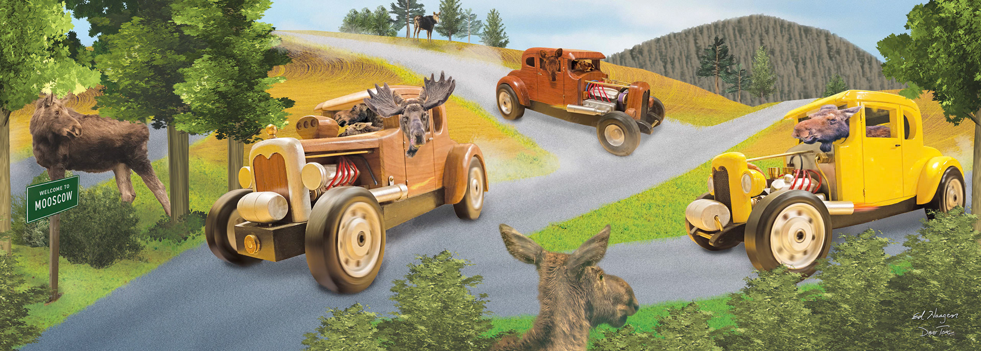 "Palouse Moose Deuce Coupes" by Dave Tong and Ed Haagen.  Traffic Box Mural installed at Main and Styner, Moscow Idaho.