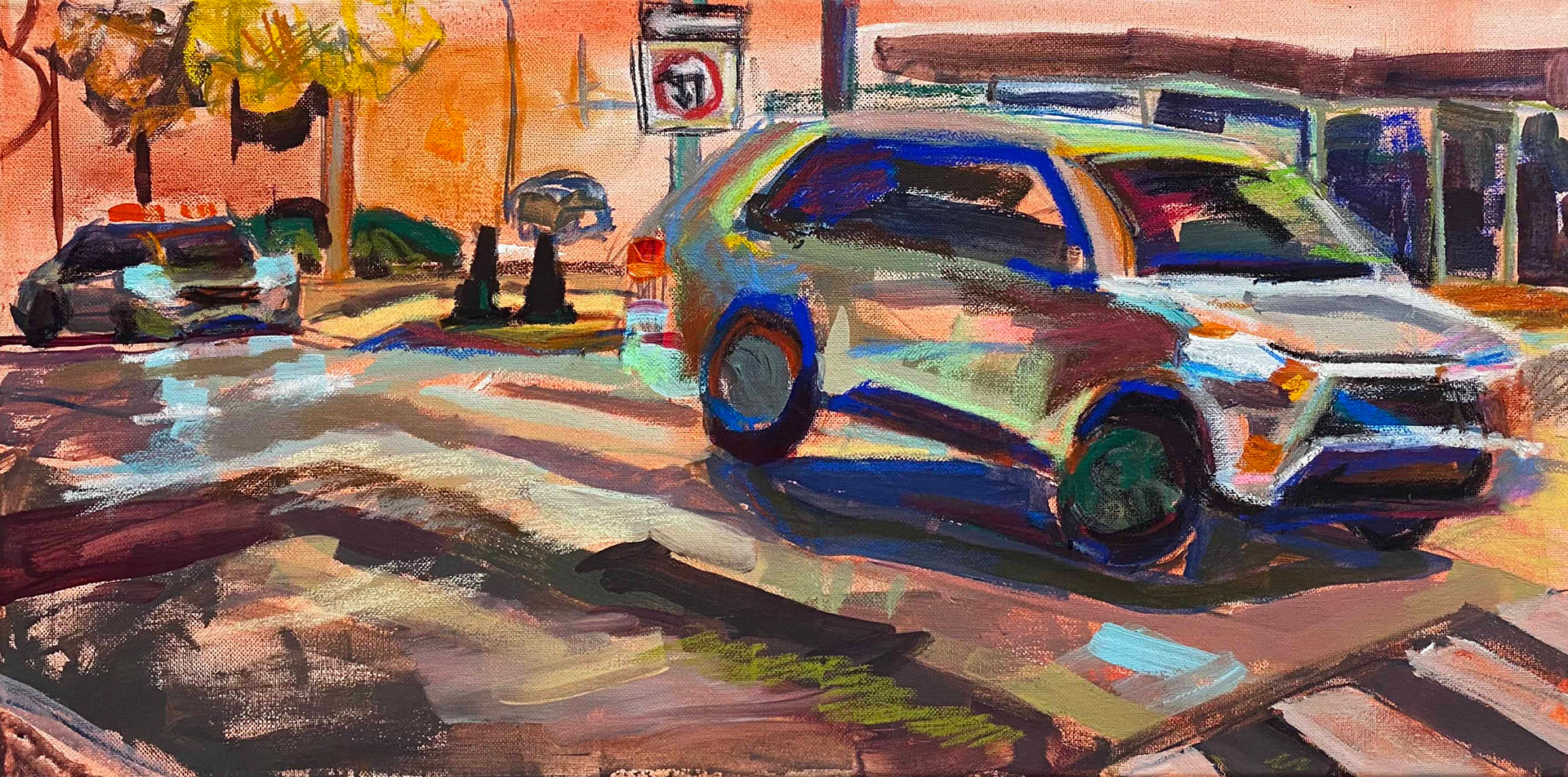 "Waiting to Cross" , Acrylic paint and chalk pastel on canvas, 10" x 20", 2022