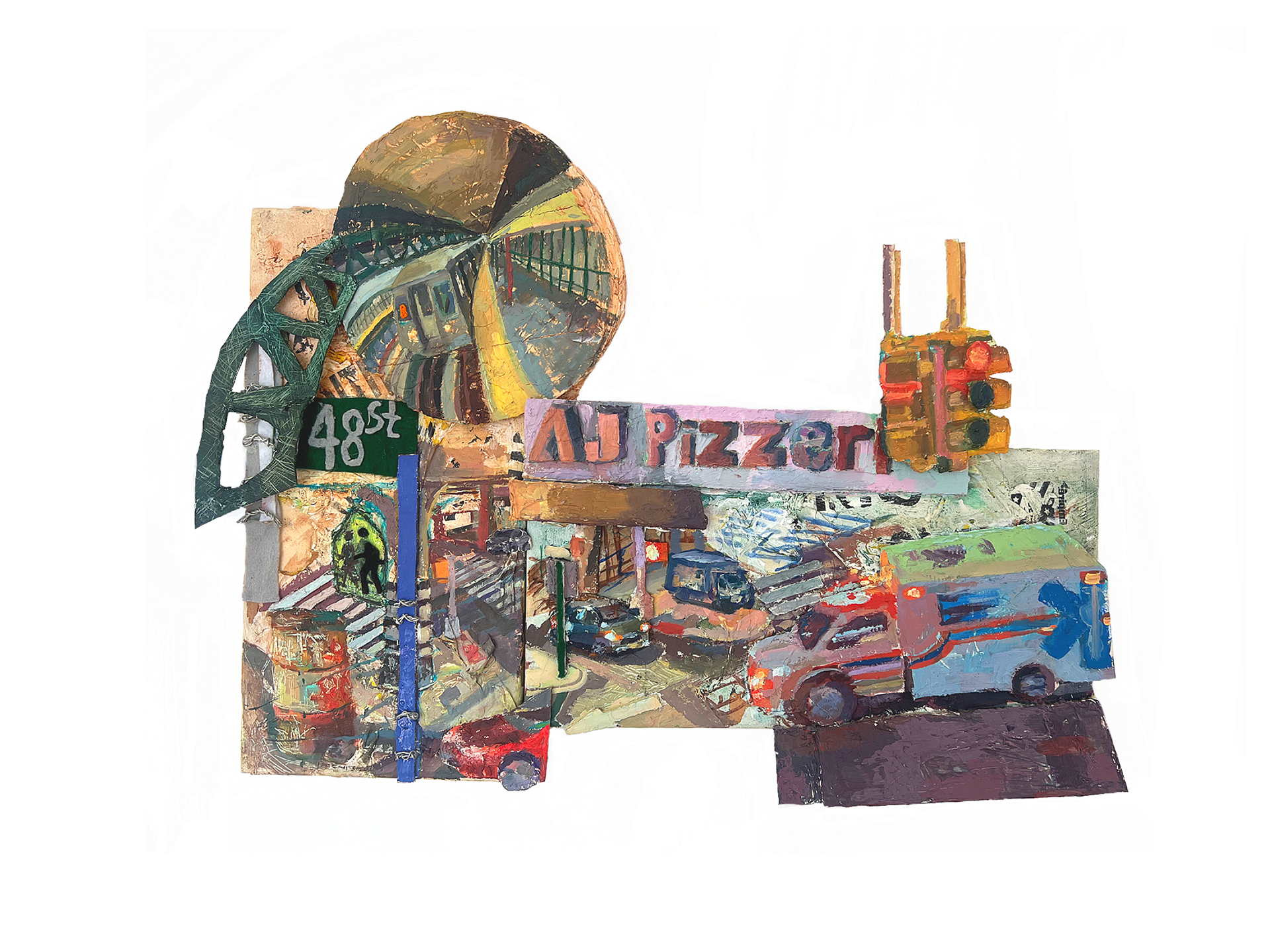 "AJ's Pizza" oil on canvas with modeling paste, cardboard, wire, and felt, 2024