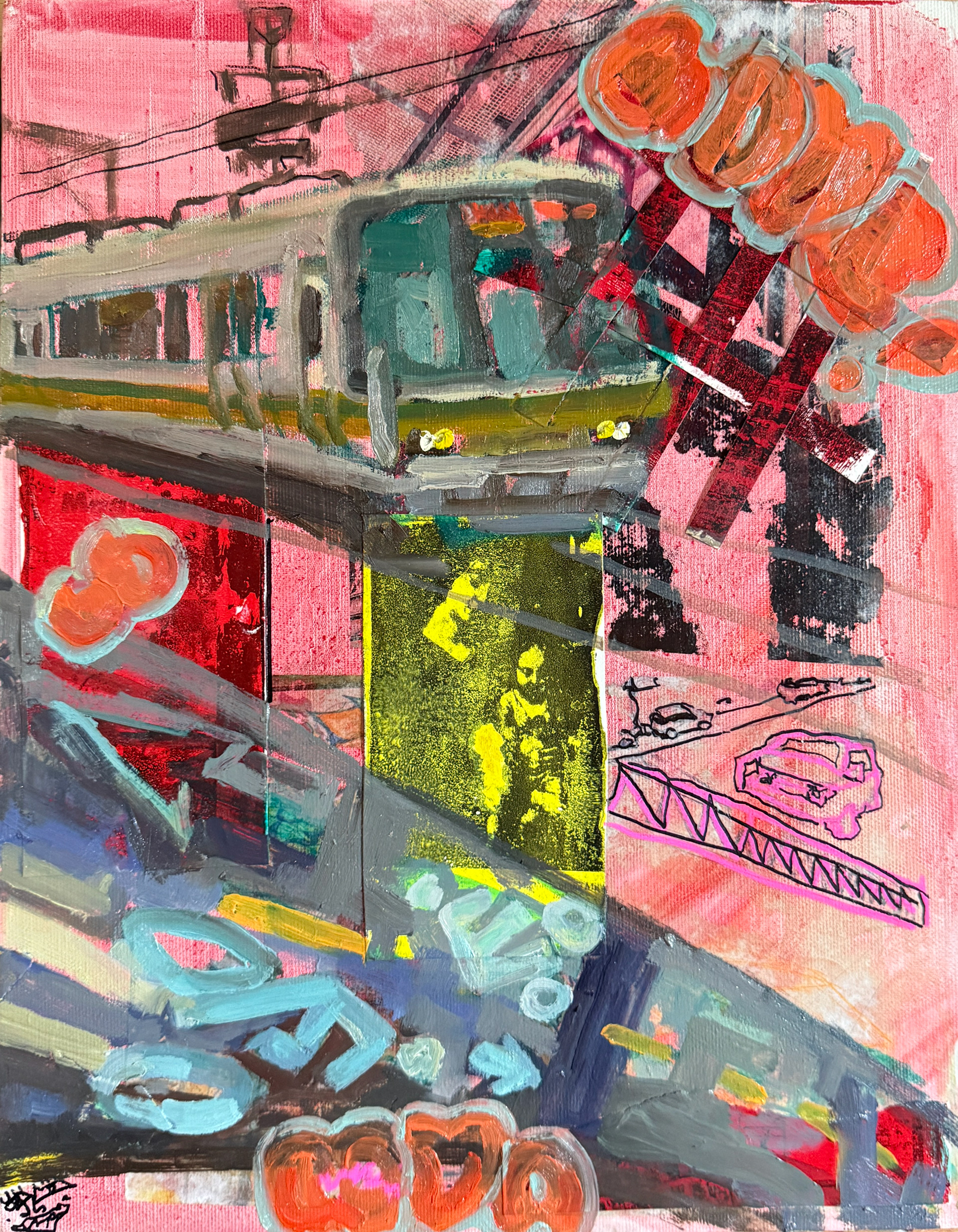 "The JR Local" 9" x 12" oil sharpie, gelatin print, paper, and paint pen on canvas