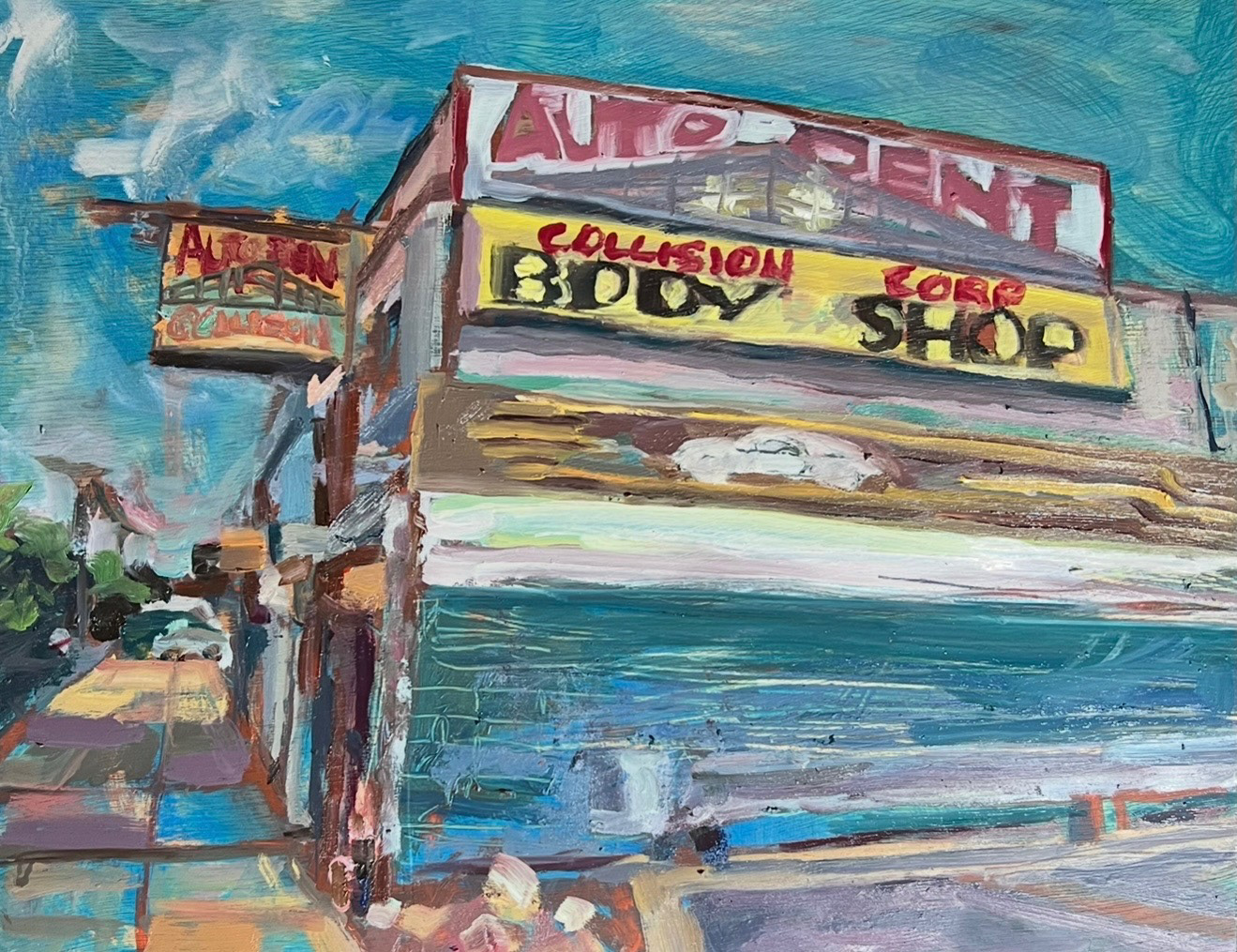 "Body Shop", oil on wood panel, 9" x 12", 2024