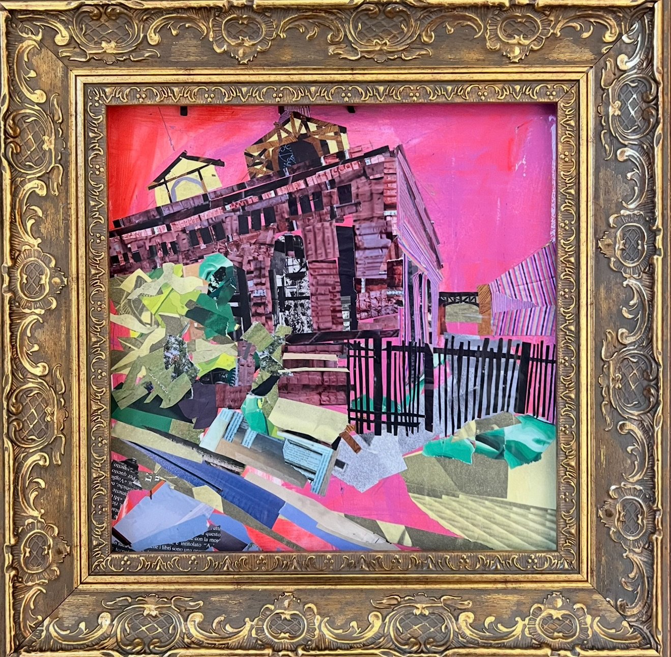 "The Only Sister Standing", Acrylic paint and magazine paper on paper,  18" x 18", 2025