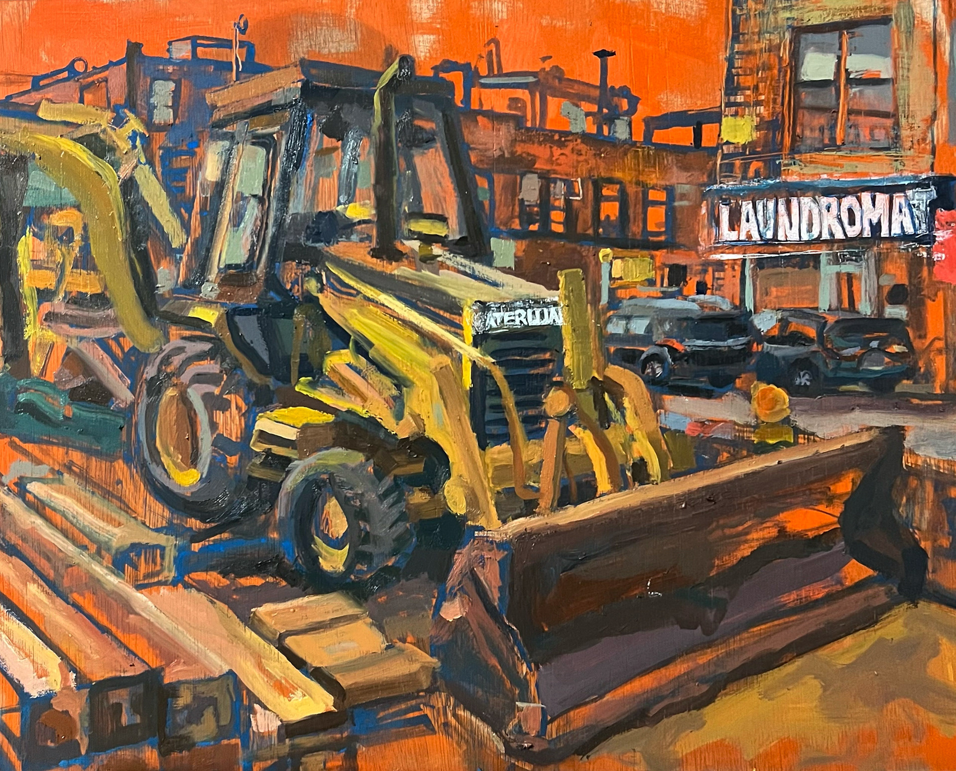 "Going to the Laundromat", oil on wood panel, 11" x 14", 2023