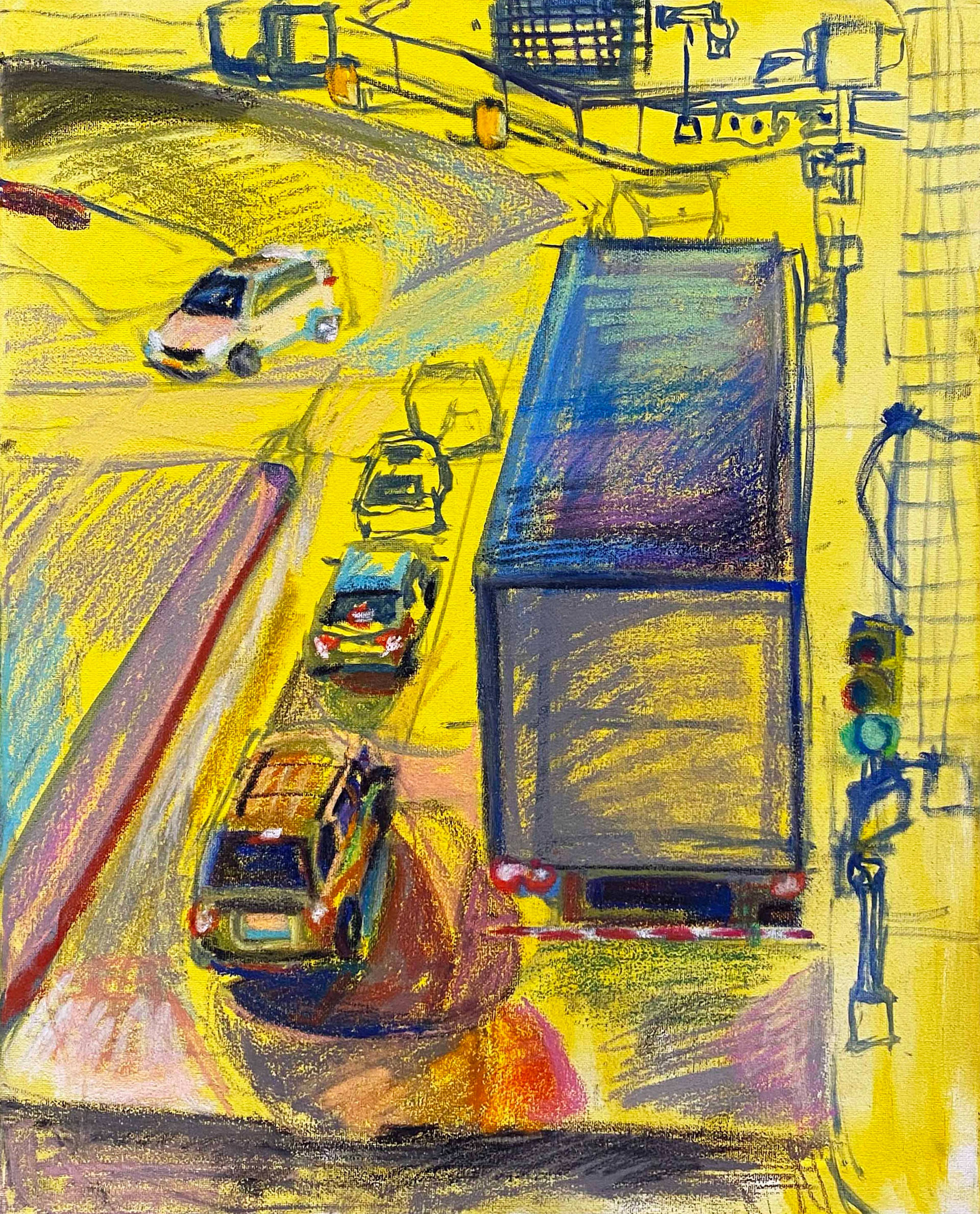 "Yellow Intersection", acrylic, oil, and chalk pastel on canvas, 2022