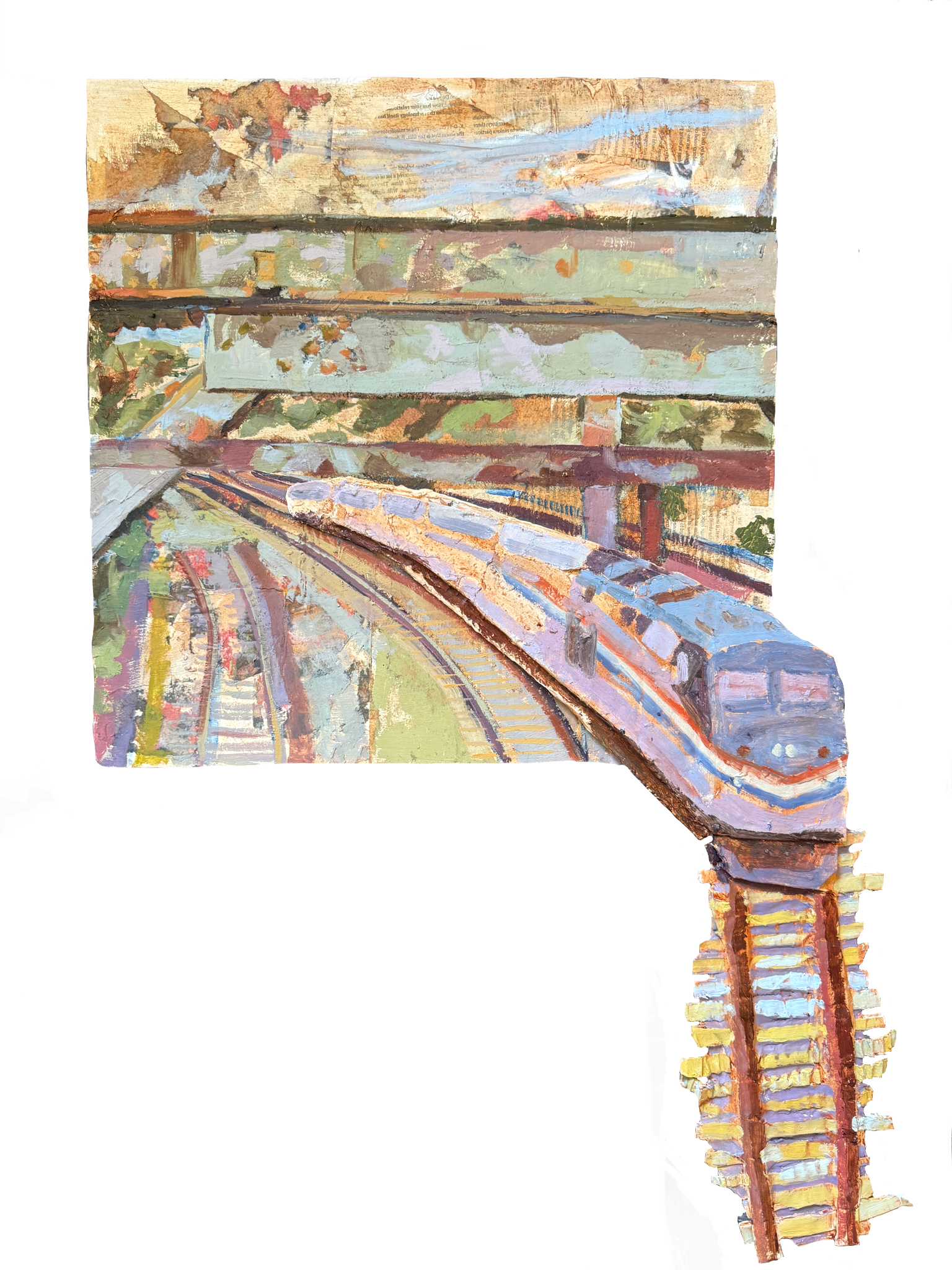 "The Amtrak" oil on wood panel with cardboard, modeling paste, and newspaper, 2025