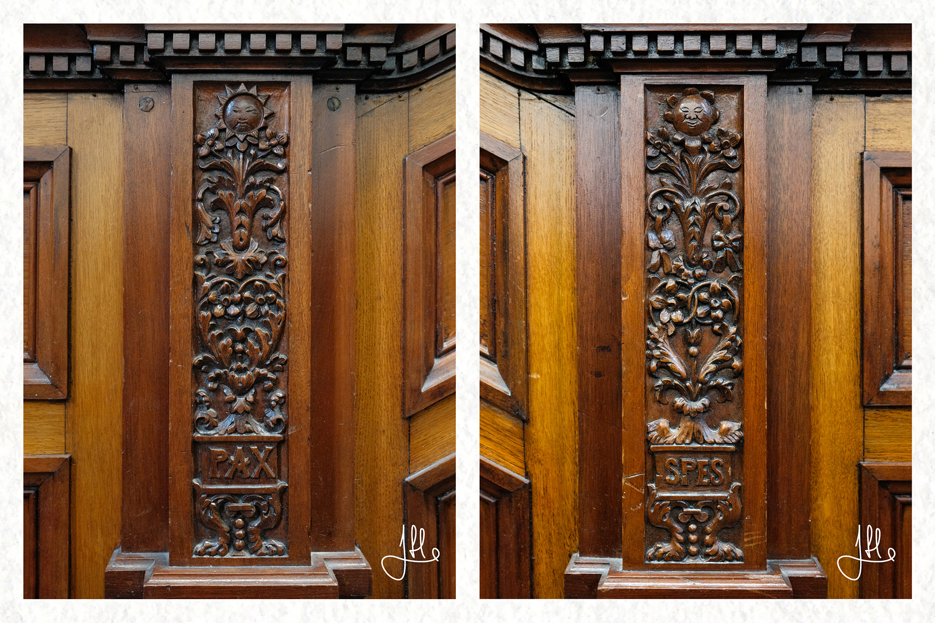 Mahogany staircase with “Pax & Spes” (Peace and Hope) carved on its sides.