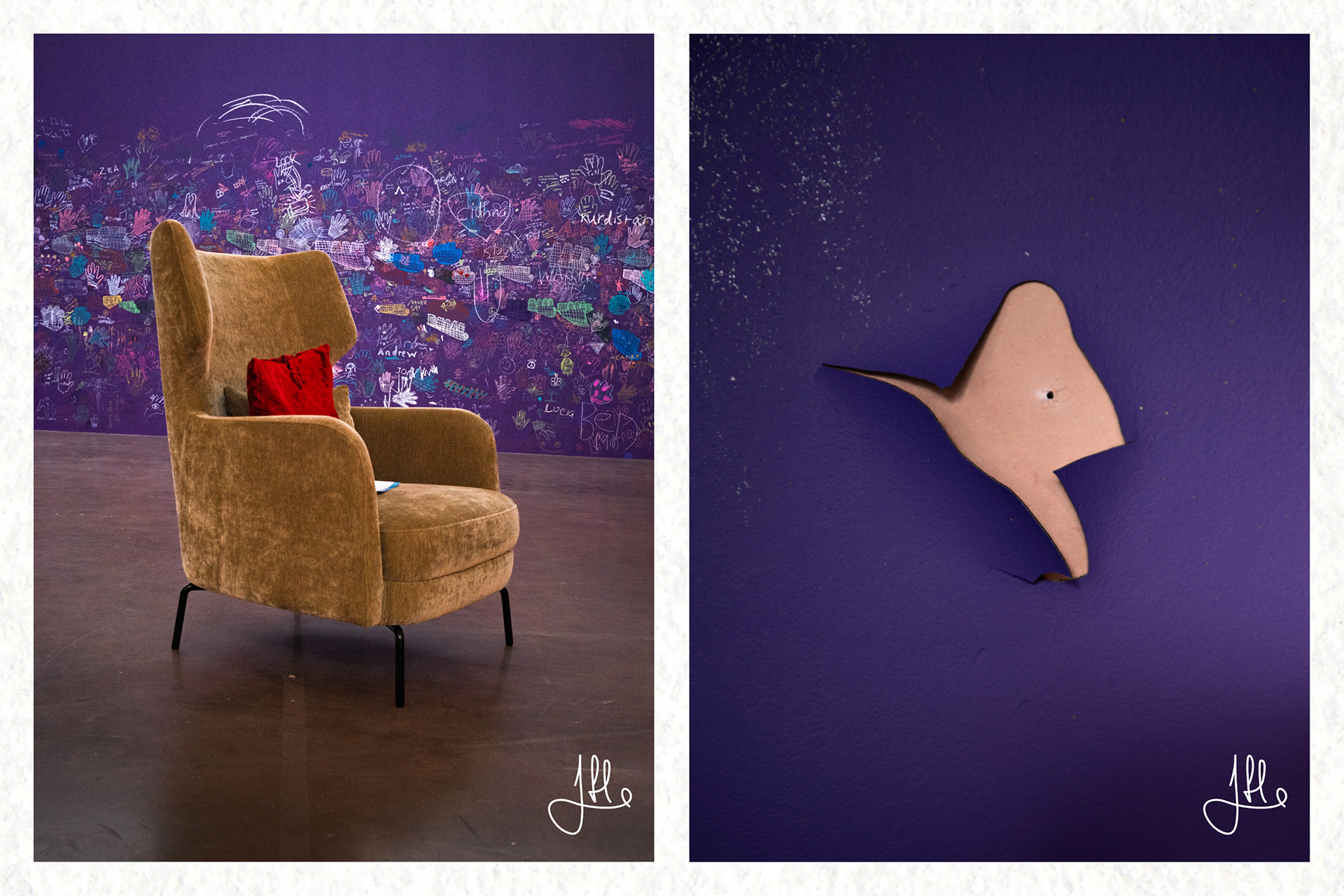 Chair among artworks created by visitors during Culture Night. Even minor wall wear adds a unique texture.