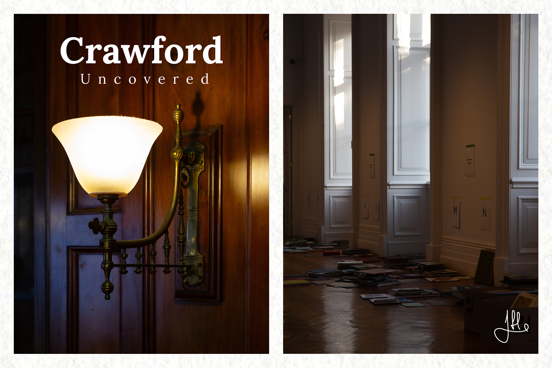 Left: Lamp in the Victorian-style library corner (observed on site). 	•	Right: The Long Room, empty and awaiting renovation.