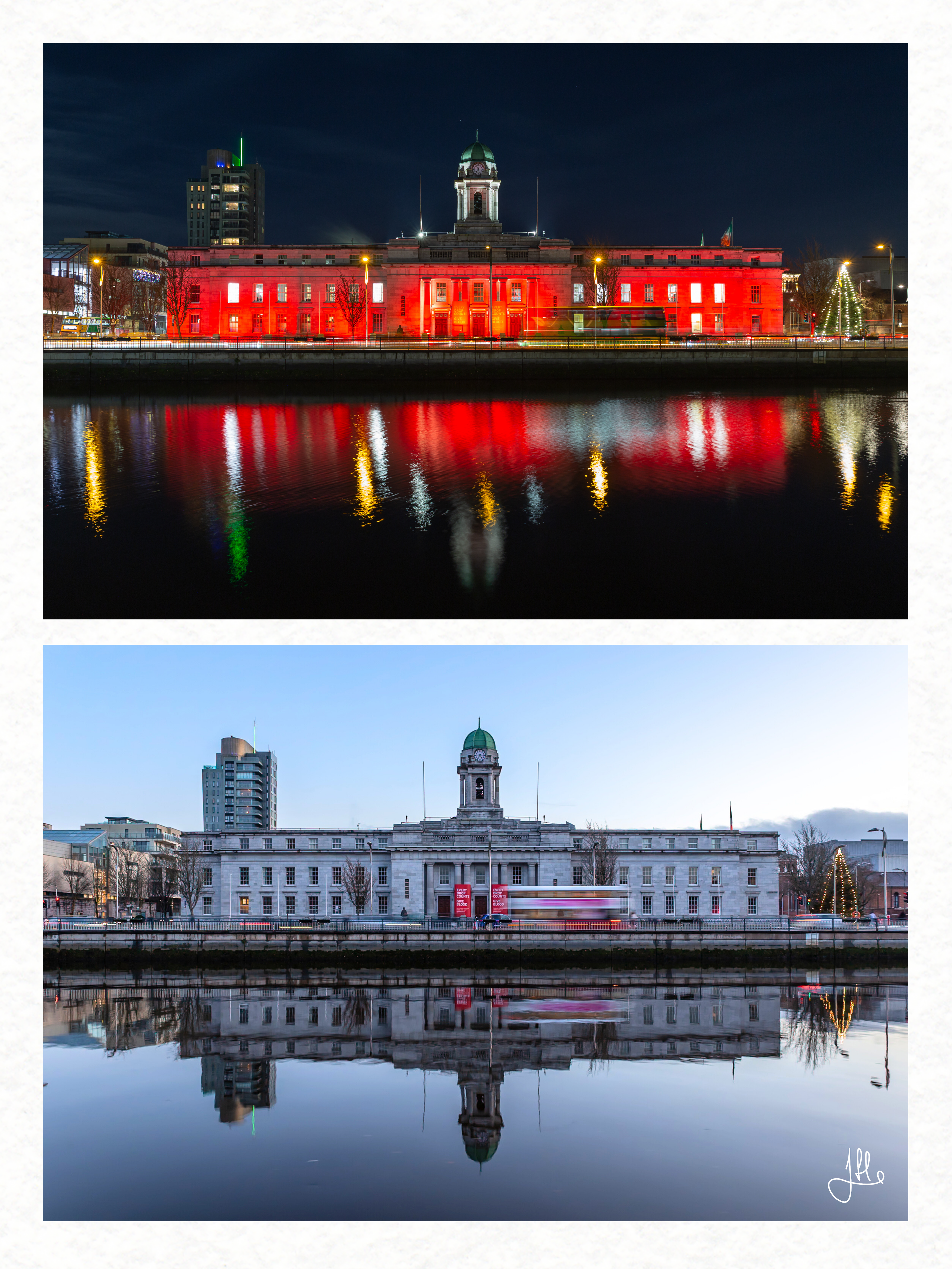 Cork City Hall — illuminated in red, with banners reading “Every Drop Counts, Give Blood”