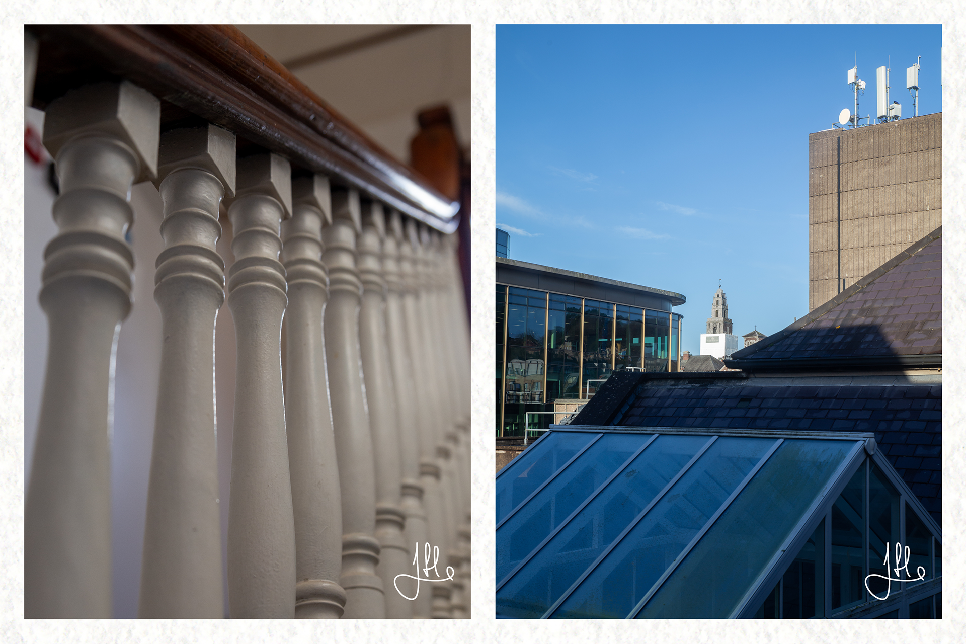 Stairs to the attic with a view of Shandon Bell Tower in the distance.