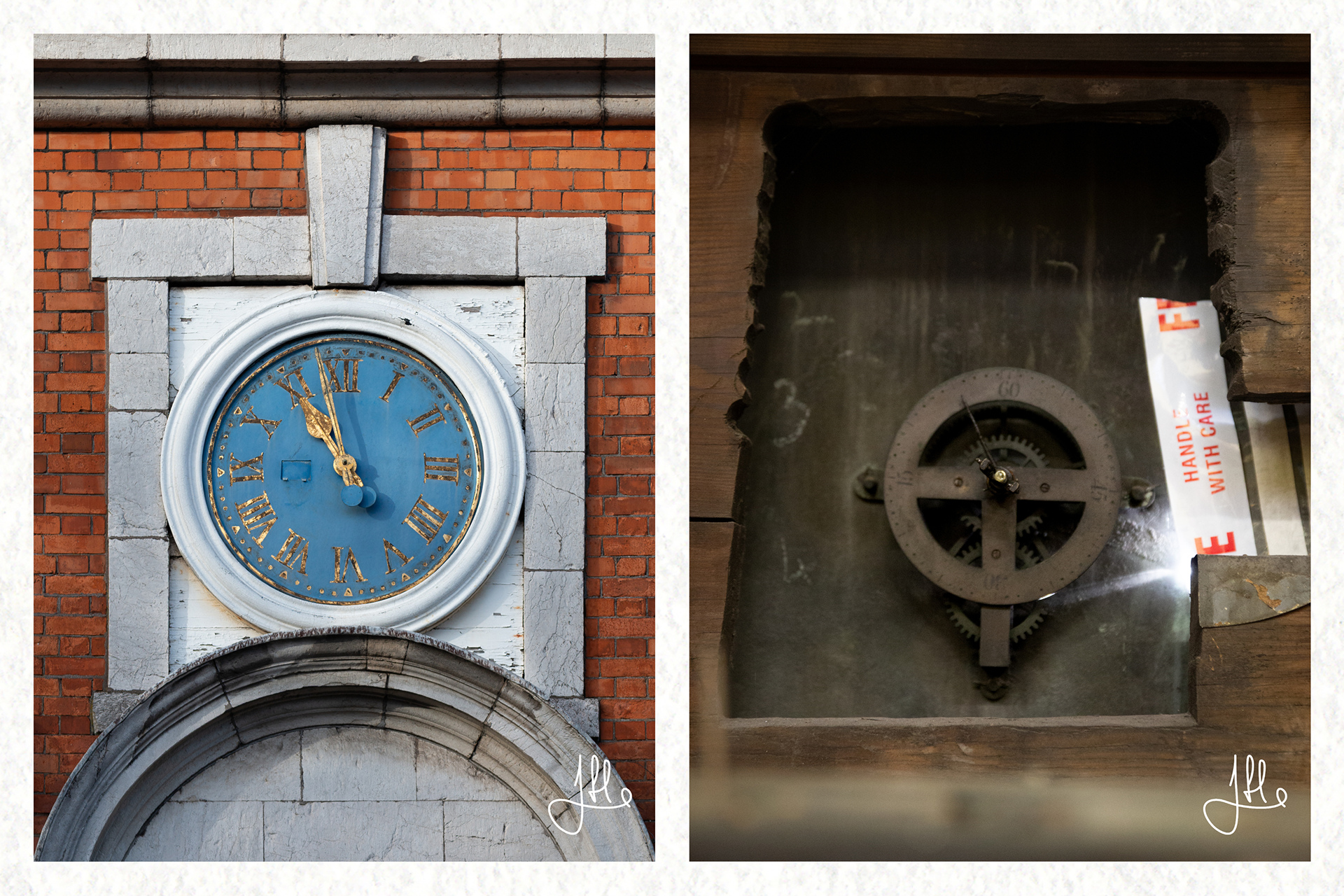 Crawford clock (outside view and mechanism, observed on site). Traditionally, clocks of this style require manual winding.