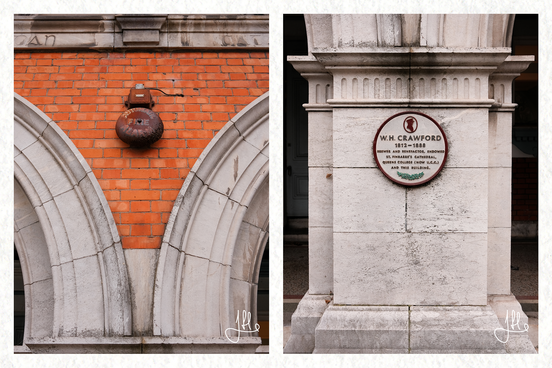 Gallery entrance: rusty firebells and plaque honoring W. H. Crawford, reflecting the building’s legacy.