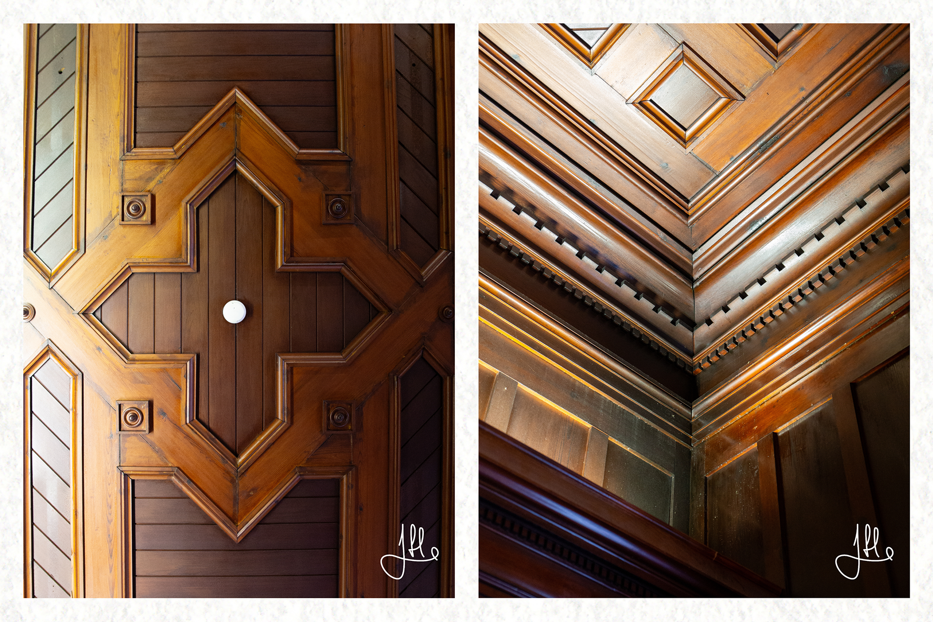 Wooden ceiling and a corner of the Victorian library-style room.