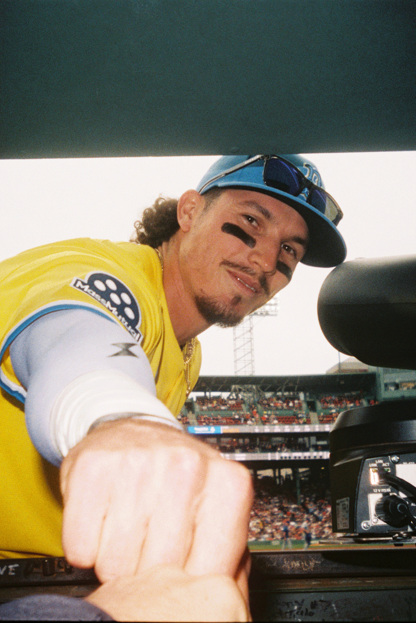 June 28, 2025, Boston, MA: Jarren Duran #16 of the Boston Red Sox fits bumps Clay Stark ahead of game against the Toronto Blue Jays at Fenway Park in Boston, Massachusetts Saturday, June 28, 2025.  (Photo by Clay Stark/Boston Red Sox)