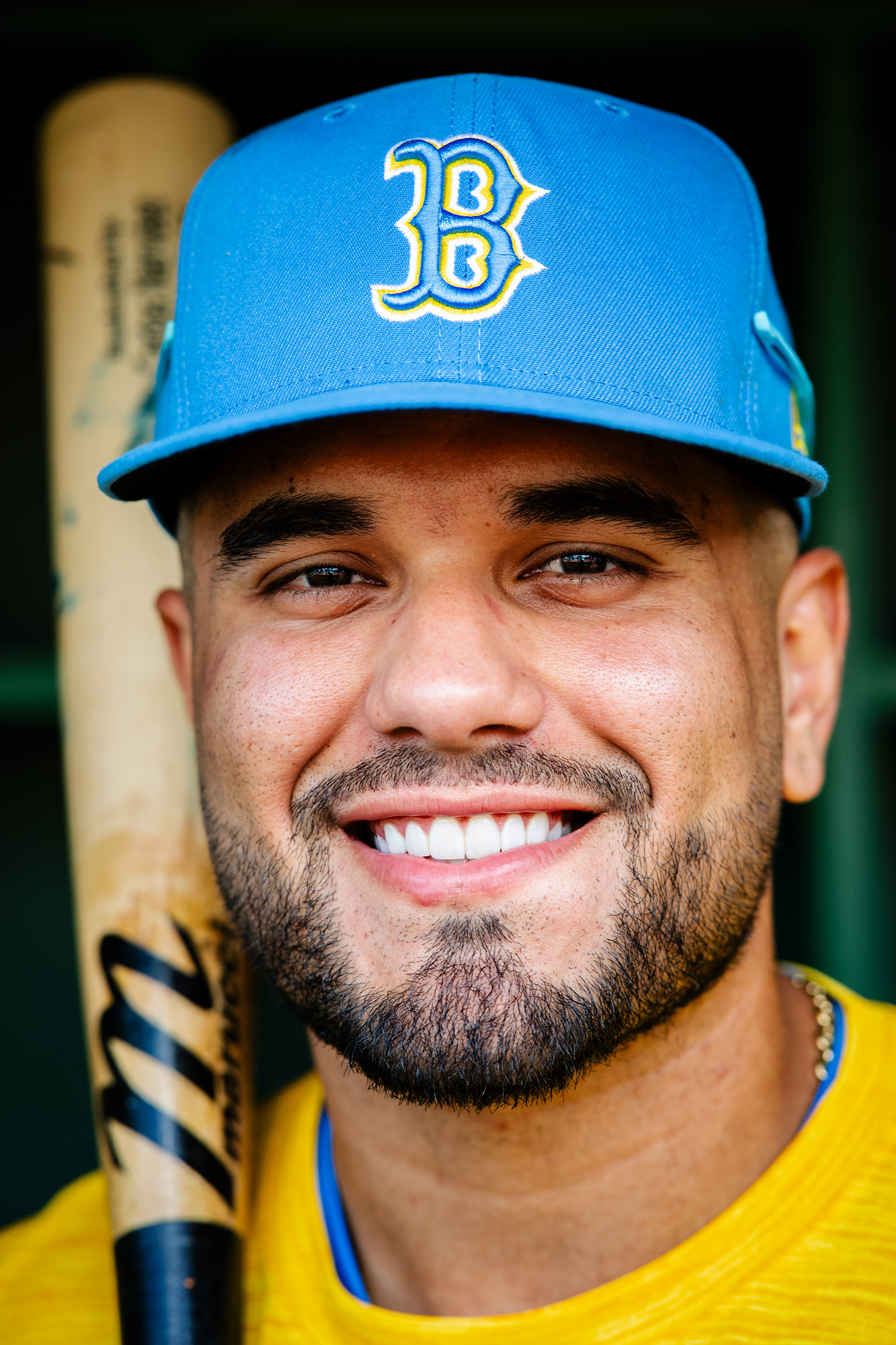 September 13, 2025, Boston, MA: Carlos Narvaez #75 of the Boston Red Sox poses for a portrait in the dugout during batting practice ahead of game between the New York Yankees and the Boston Red Sox at Fenway Park in Boston, Massachusetts Saturday, September 13, 2025. (Photo by Clay Stark/Boston Red Sox)