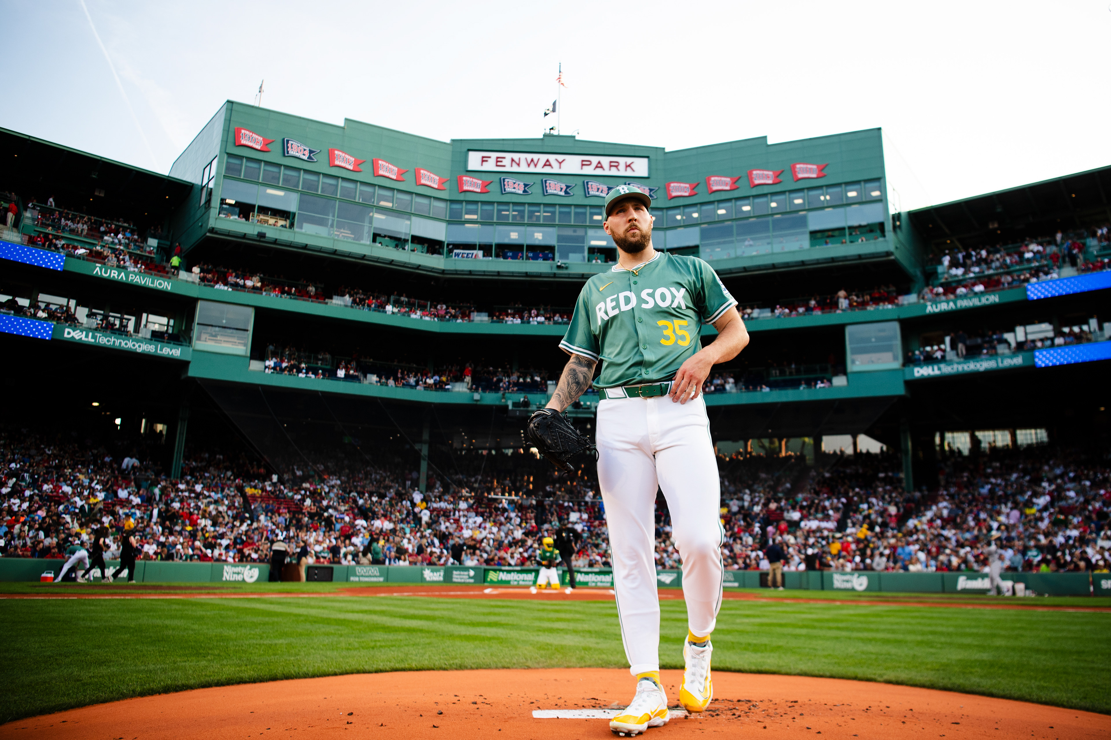 June 13, 2025, Boston, MA: Garrett Crochet #35 of the Boston Red Sox warms up before first pitch against the New York Yankees at Fenway Park in Boston, Massachusetts Friday, June 13, 2025.  (Photo by Clay Stark/Boston Red Sox)