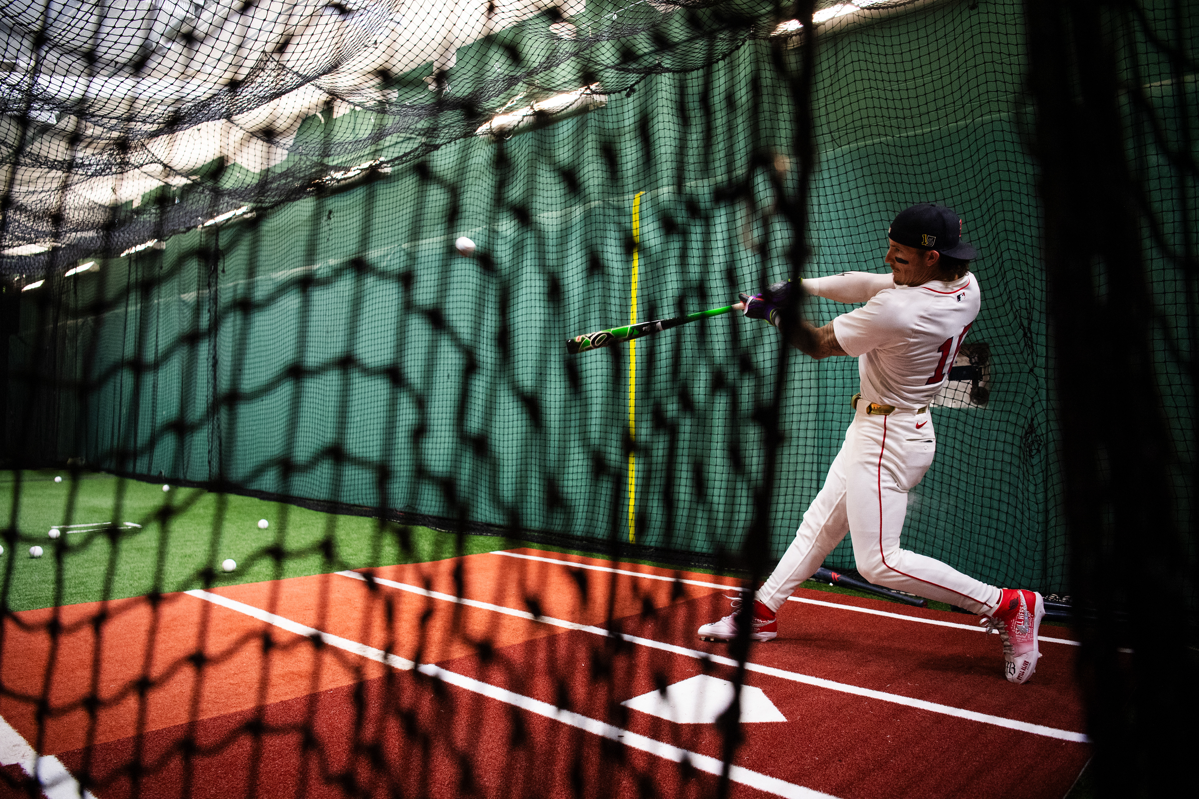August 17, 2025, Boston, MA: Jarren Duran #16 of the Boston Red Sox warms up in the batting cage ahead of game against the Miami Marlins at Fenway Park in Boston, Massachusetts Sunday, August 17, 2025.  (Photo by Clay Stark/Boston Red Sox)