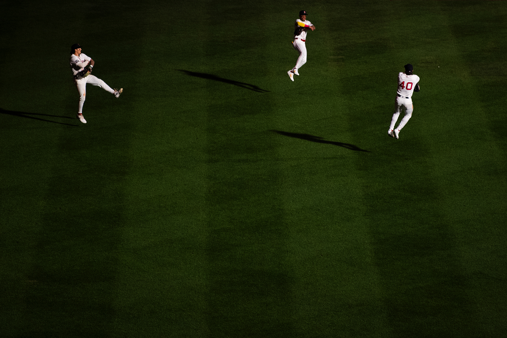 September 14, 2025, Boston, MA: Jarren Duran #16 of the Boston Red Sox, Ceddanne Rafaela #3 of the Boston Red Sox and Nate Eaton #40 of the Boston Red Sox react after beating the New York Yankees at Fenway Park in Boston, Massachusetts Sunday, September 14, 2025. (Photo by Clay Stark/Boston Red Sox)