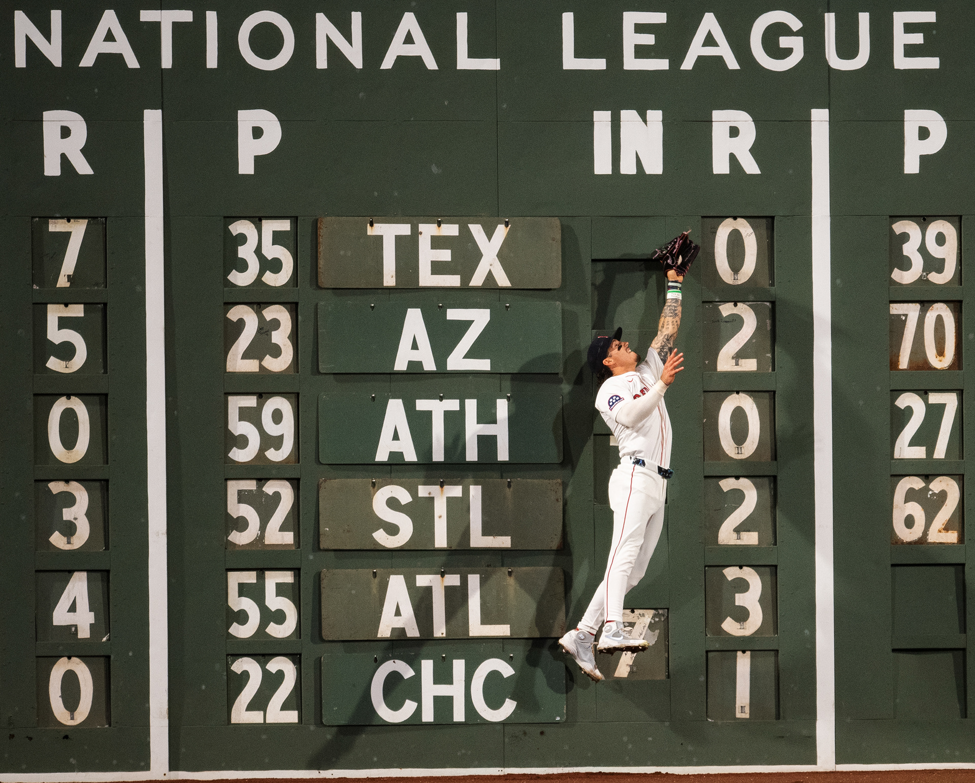 September 3, 2025, Boston, MA: Jarren Duran #16 of the Boston Red Sox catches a fly ball during the ninth inning against the Cleveland Guardians at Fenway in Boston, Massachusetts Wednesday, September 3, 2025.  (Photo by Clay Stark/Boston Red Sox)