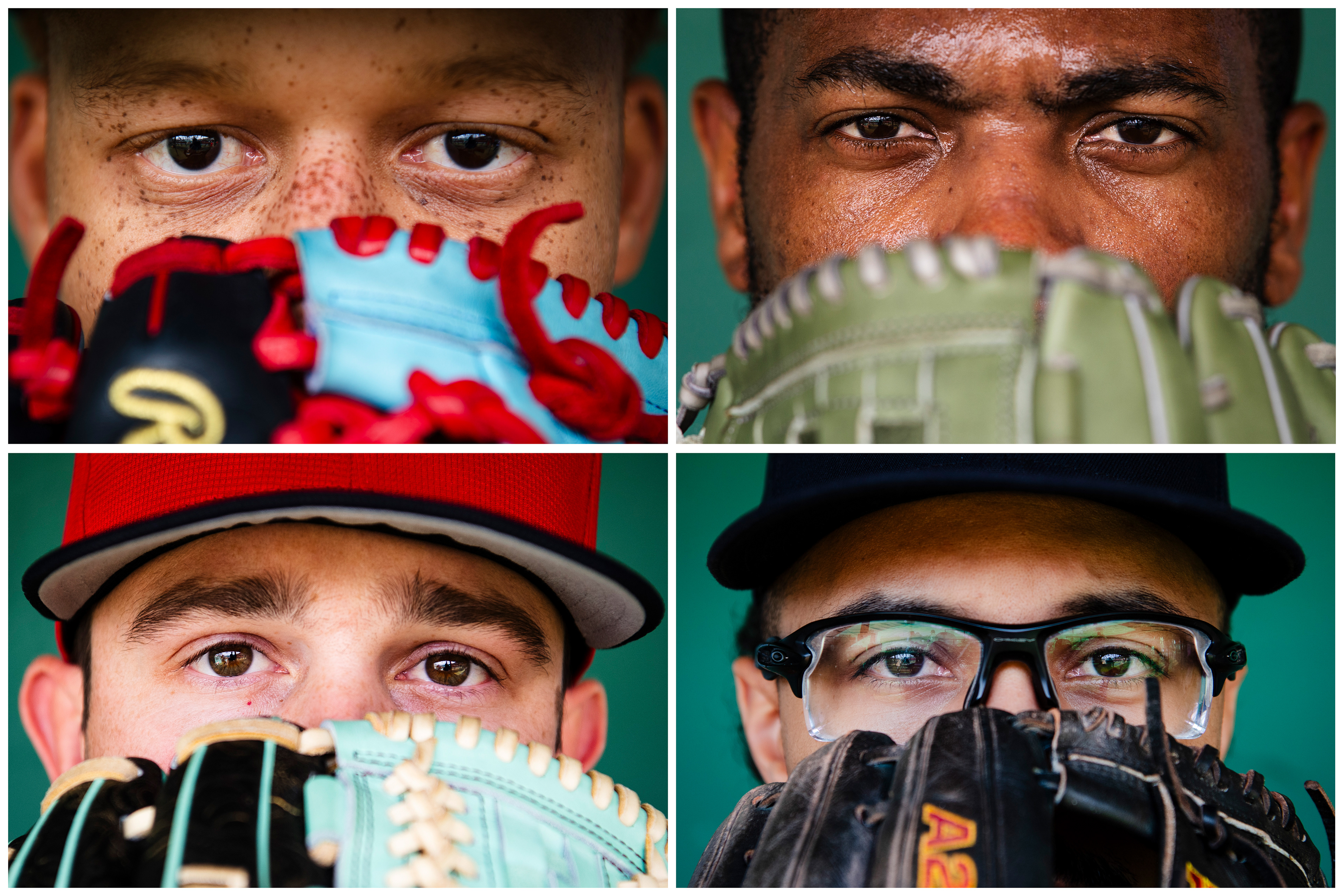 May 20, 2025, Boston, MA: Kristian Campbell #28 of the Boston Red Sox poses for a portrait in the dugout ahead of game against the New York Mets at Fenway Park in Boston, Massachusetts Tuesday, May 20, 2025.  (Photo by Clay Stark/Boston Red Sox)  July 7, 2025, Boston, MA: Aroldis Chapman #44 of the Boston Red Sox poses for a portrait in the dugout ahead of game against the Colorado Rockies at Fenway Park in Boston, Massachusetts Monday, July 7, 2025.  (Photo by Clay Stark/Boston Red Sox)  June 11, 2025, Boston, MA: Garrett Whitlock #22 of the Boston Red Sox poses for a portrait in the dugout ahead of game against the Tampa Bay Rays at Fenway Park in Boston, Massachusetts Wednesday, June 11, 2025.  (Photo by Clay Stark/Boston Red Sox)  June 15, 2025, Boston, MA: David Hamilton #17 of the Boston Red Sox poses for a portrait in the dugout ahead of game against the New York Yankees at Fenway Park in Boston, Massachusetts Sunday, June 15, 2025.  (Photo by Clay Stark/Boston Red Sox)
