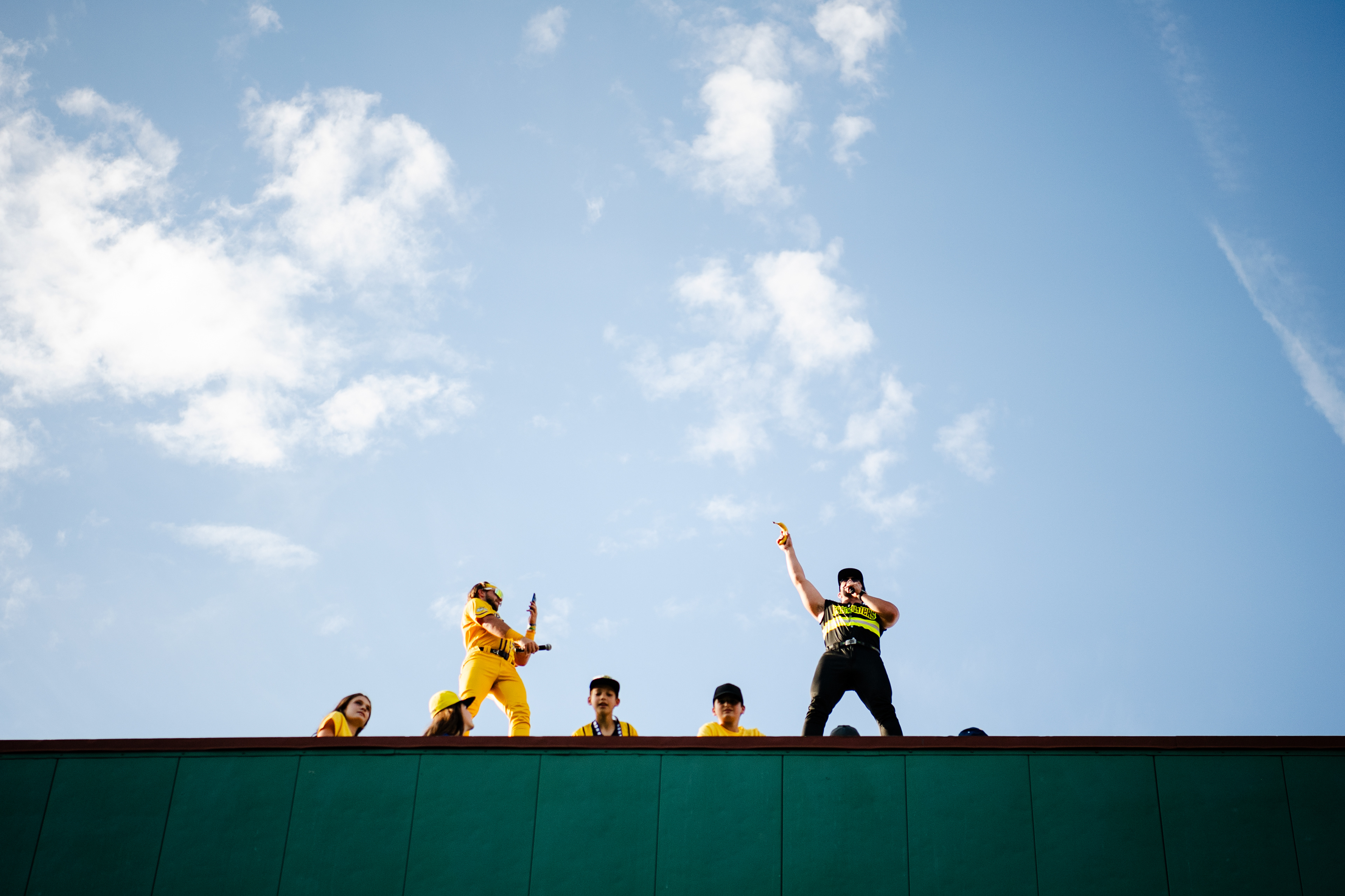 July 5, 2025, Boston, MA: Savannah Banana player and Firefighter player preform ahead of game at Fenway Park in Boston, Massachusetts Saturday, July 5, 2025.  (Photo by Clay Stark/Boston Red Sox)