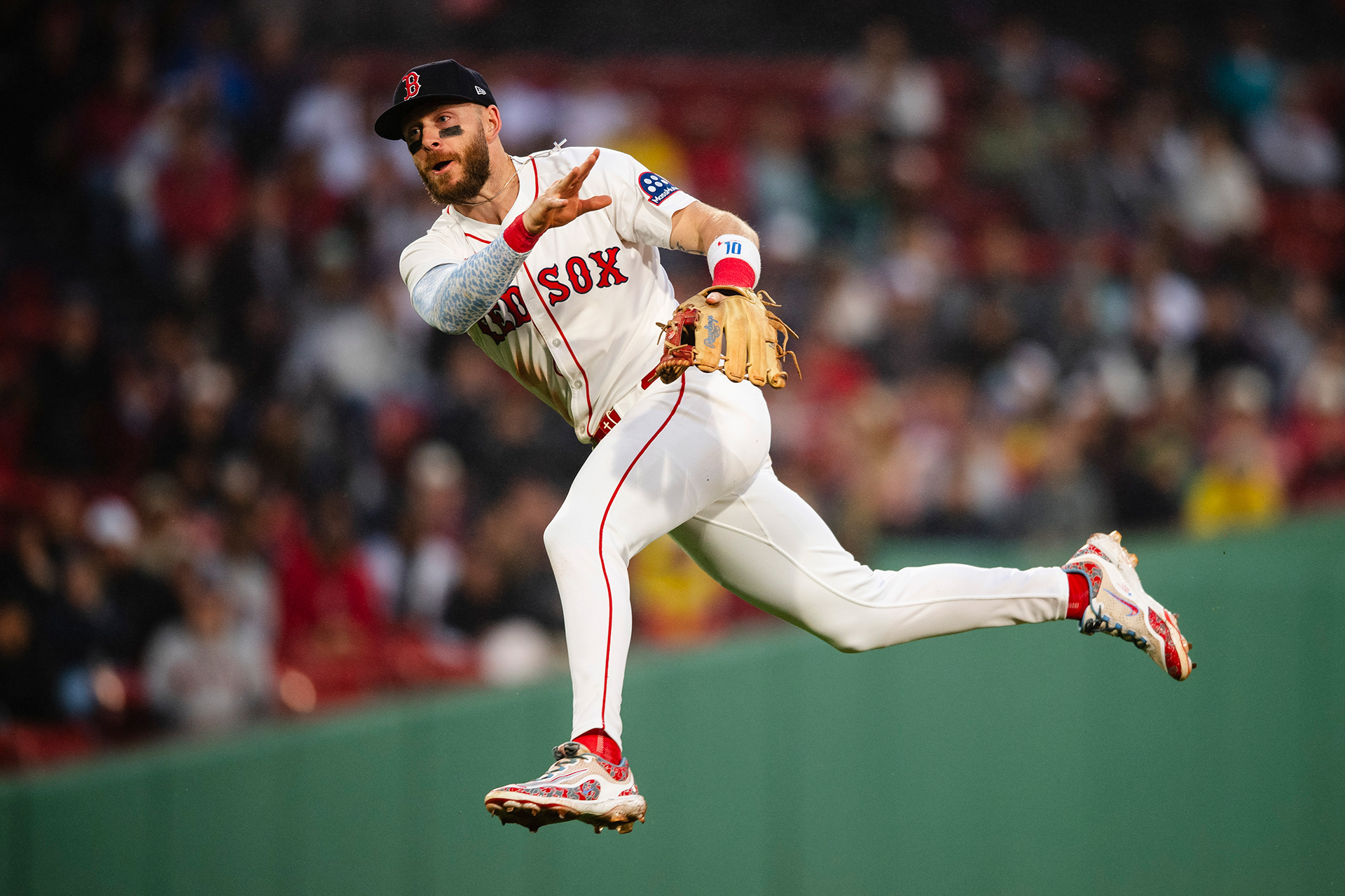 June 9, 2025, Boston, MA: Trevor Story #10 of the Boston Red Sox makes a play at shortstop to get an out in the third inning against the Tampa Bay Rays at Fenway Park in Boston, Massachusetts Monday, June 9, 2025.  (Photo by Clay Stark/Boston Red Sox)