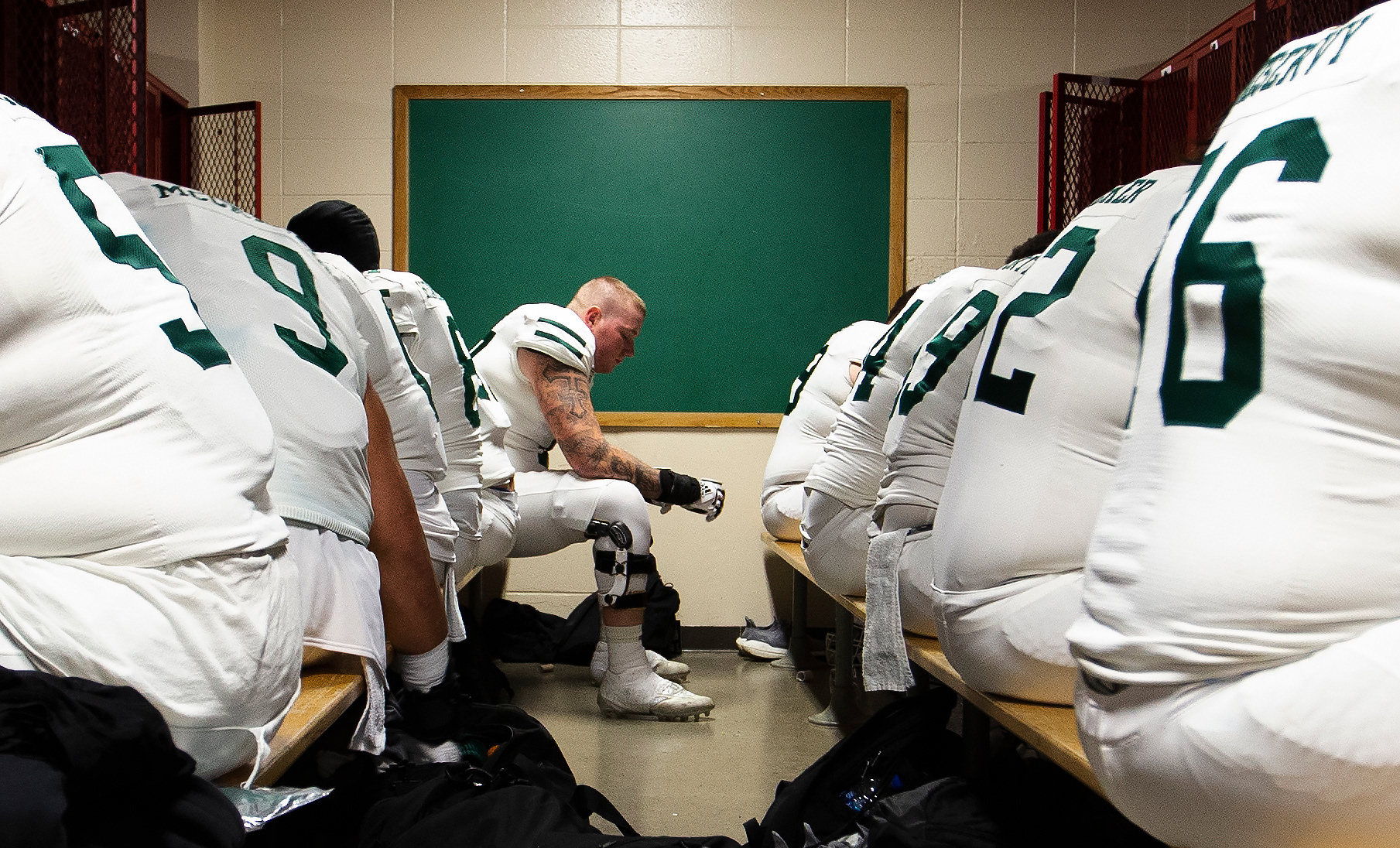 November 8, 2022, Oxford, OH: Jacob Dennison #77 of the Bobcats takes a moment to collect his thoughts before a game against their rival team Miami University at Yager Stadium in Oxford, Ohio Tuesday, November 8, 2022. (Photo by Clay Stark) 