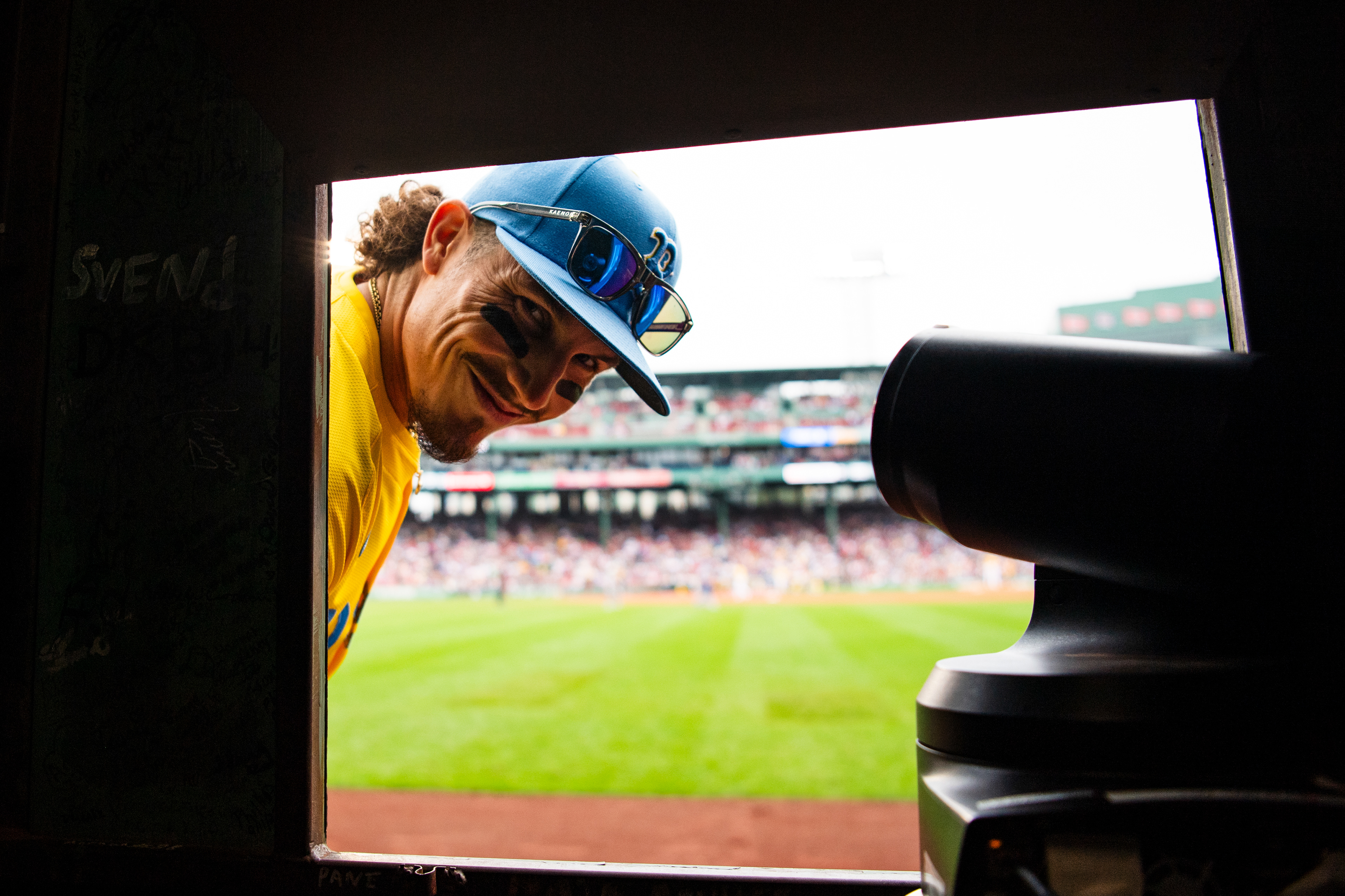 June 28, 2025, Boston, MA: Jarren Duran #16 of the Boston Red Sox looks inside the Green Monster ahead of first pitch against the Toronto Blue Jays at Fenway Park in Boston, Massachusetts Saturday, June 28, 2025.  (Photo by Clay Stark/Boston Red Sox)