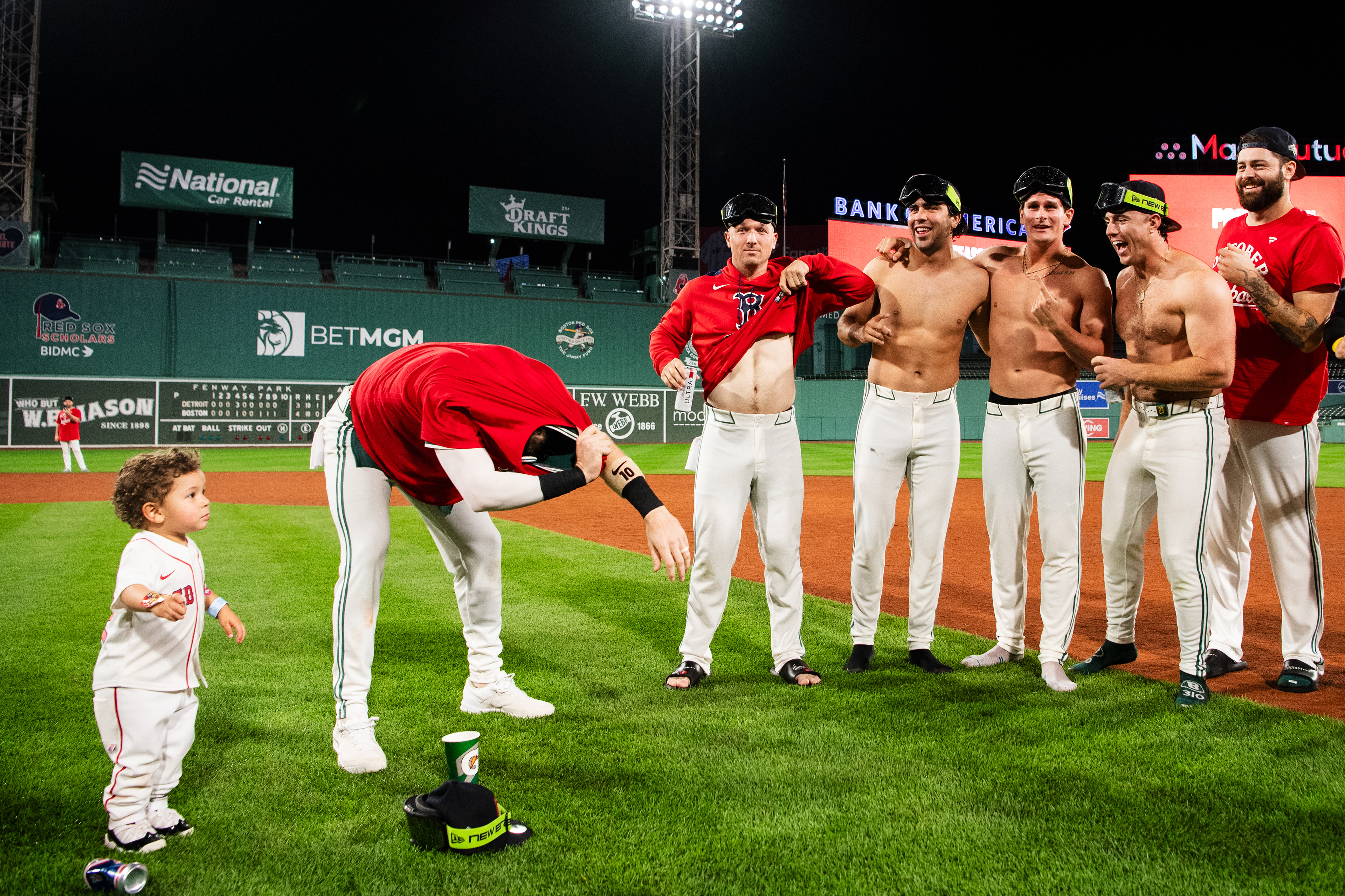September 26, 2025, Boston, MA: Trevor Story #10 of the Boston Red Sox, Marcelo Mayer #39 of the Boston Red Sox, Alex Bregman #2 of the Boston Red Sox, Roman Anthony #19 of the Boston Red Sox, Marcelo Mayer #39 of the Boston Red Sox, Romy Gonzalez #23 of the Boston Red Sox and Lucas Giolito #54 of the Boston Red Sox react after beating the Detroit Tigers to clinch a wild card spot at Fenway Park in Boston, Massachusetts Friday, September 26, 2025.  (Photo by Clay Stark/Boston Red Sox)