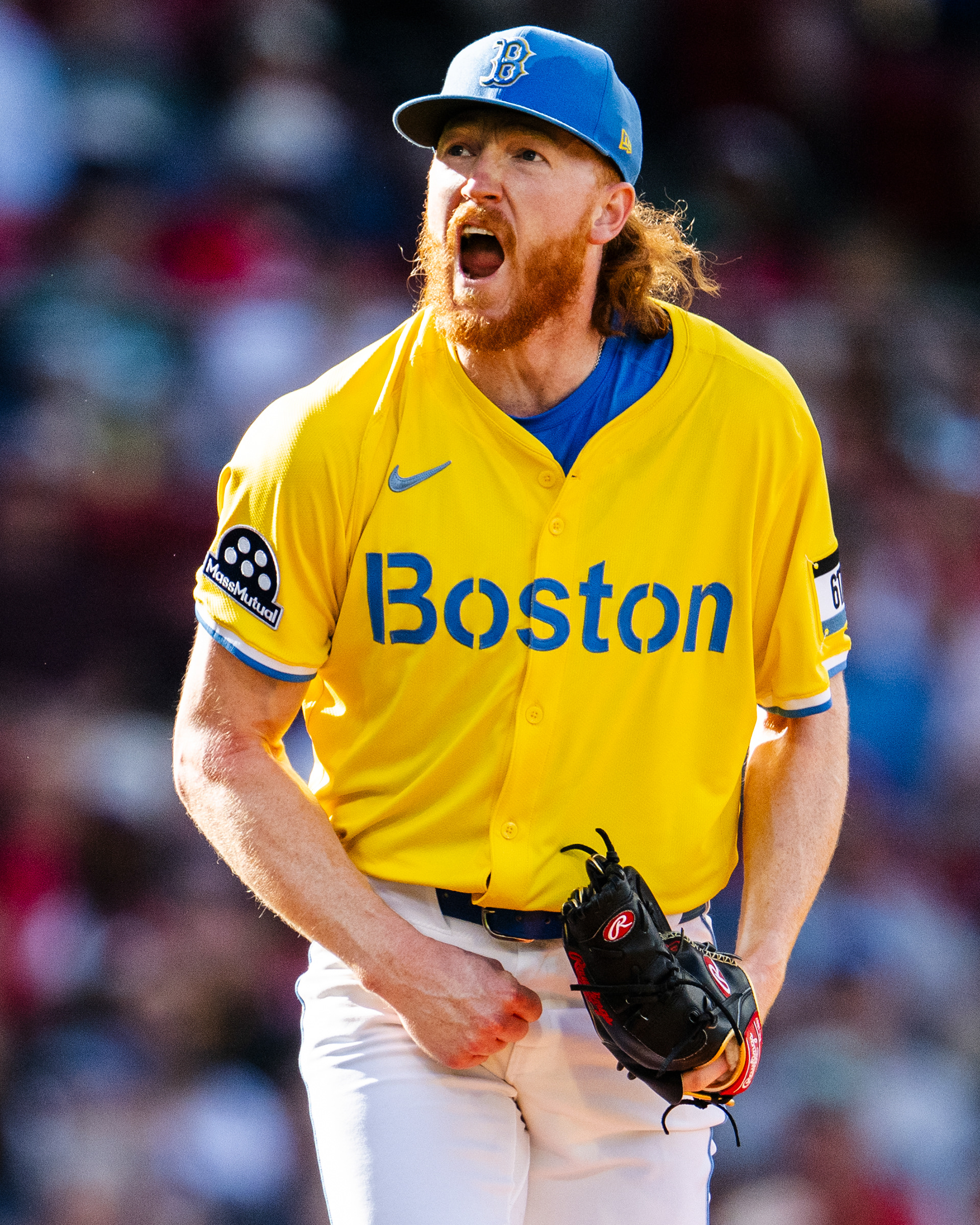 August 30, 2025, Boston, MA: Dustin May #85 of the Boston Red Sox reacts after pitching in the second inning against the Pittsburg Pirates at Fenway in Boston, Massachusetts Saturday, August 30, 2025.  (Photo by Clay Stark/Boston Red Sox)