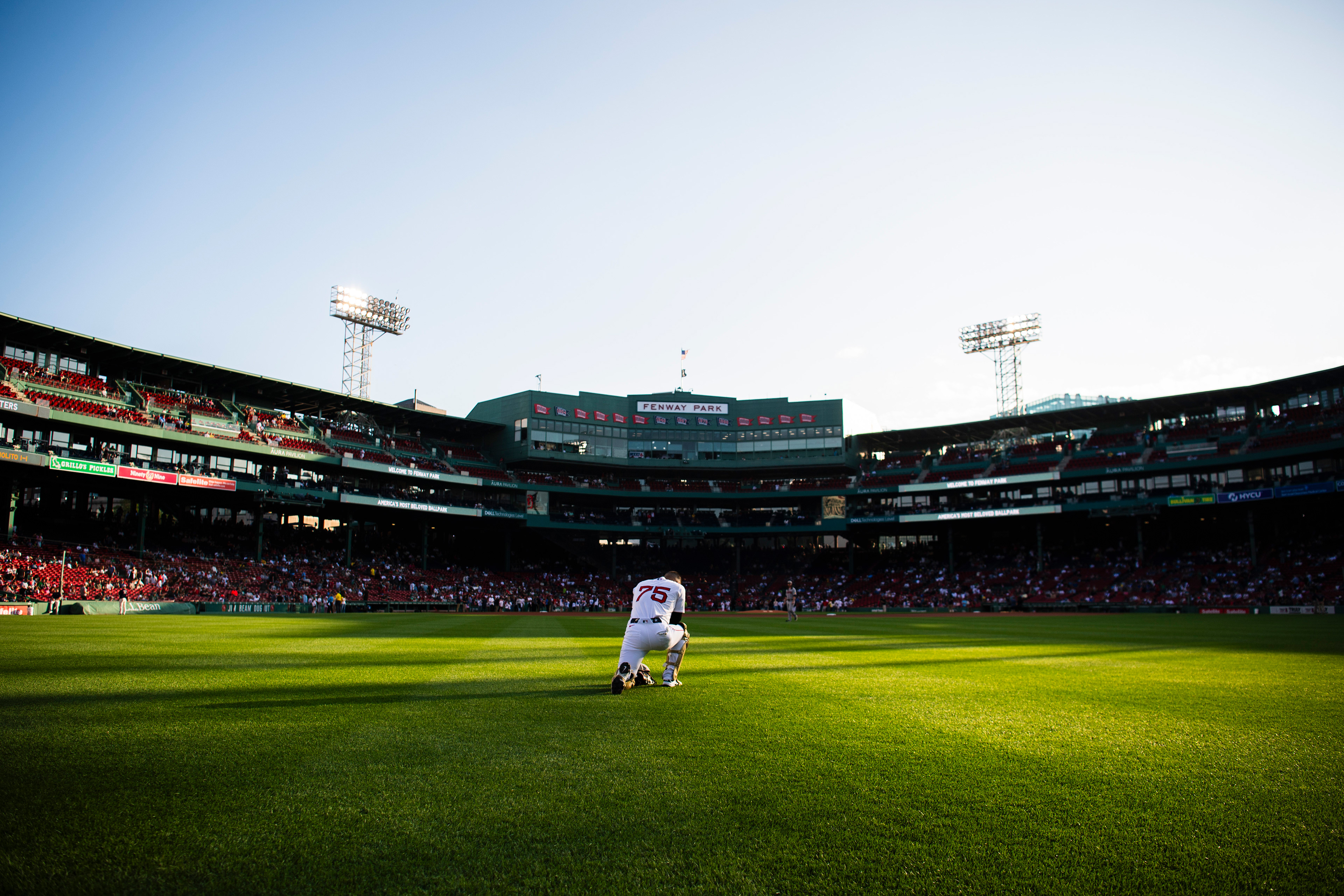 May 17, 2025, Boston, MA: Carlos Narvaez #75 of the Boston Red Sox has a quiet moment in center field ahead of a game against the Atlanta Braves at Fenway Park in Boston, Massachusetts Saturday, May 17, 2025.  (Photo by Clay Stark/Boston Red Sox)