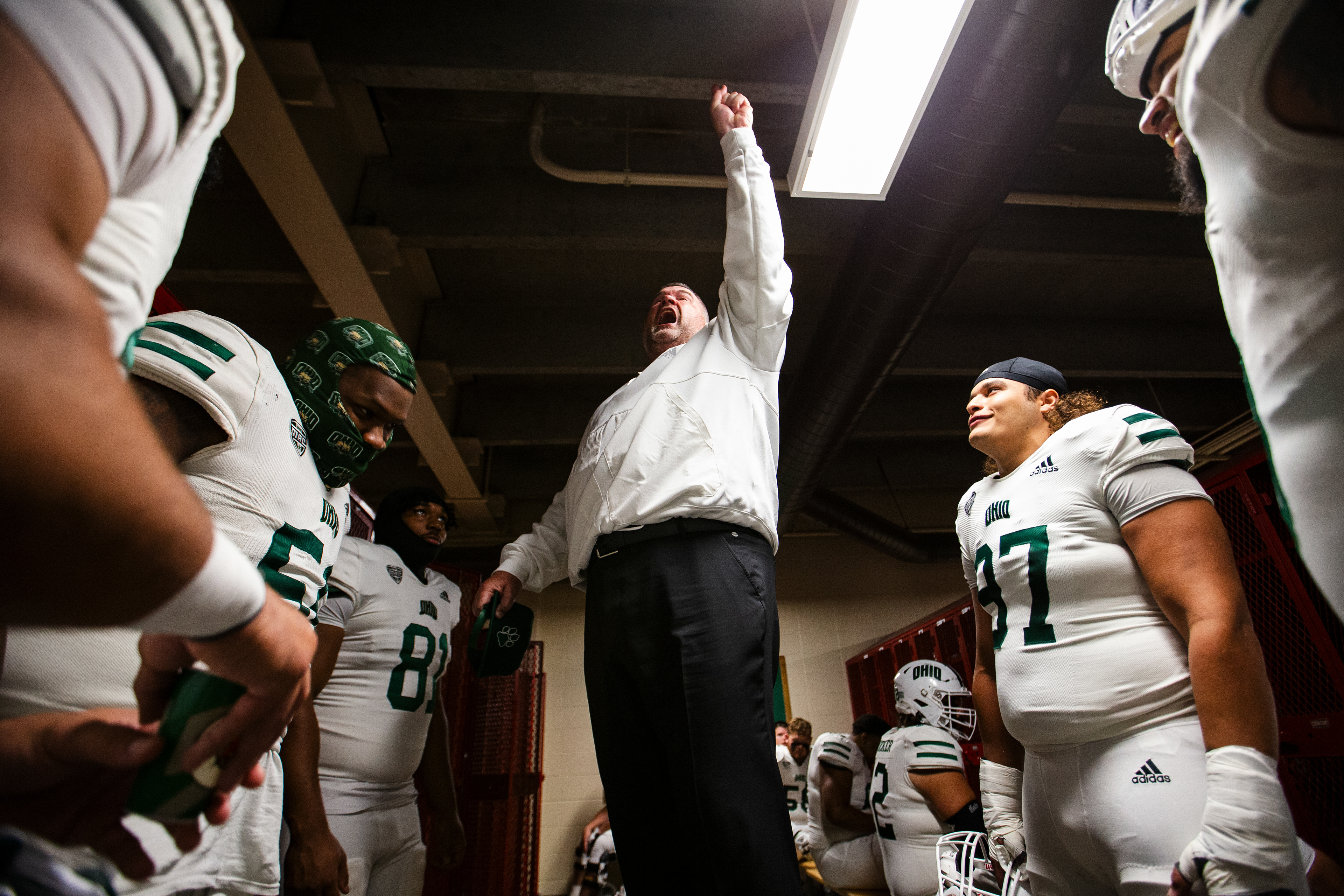 November 8, 2022, Oxford, OH: Ohio University Football Assistant Head Coach and Defensive Coordinator, Spence Nowinsky gives a speech to players in the locker room before playing against their rival team Miami University at Yager Stadium in Oxford, Ohio Tuesday, November 8, 2022. (Photo by Clay Stark)