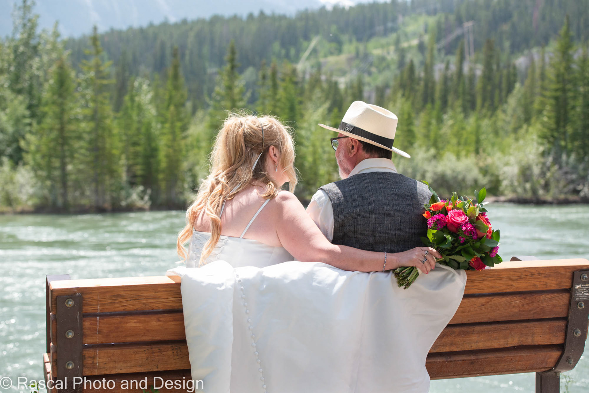 Bride and groom at Engine Bridge in Canmore Alberta