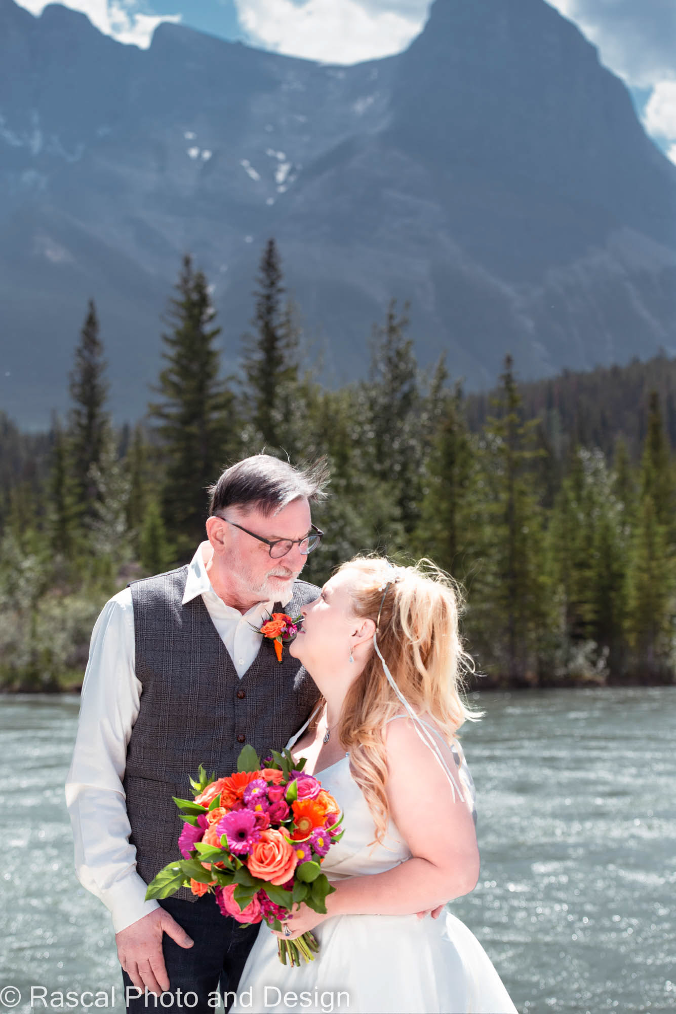 Bride and groom at Engine Bridge in Canmore Alberta