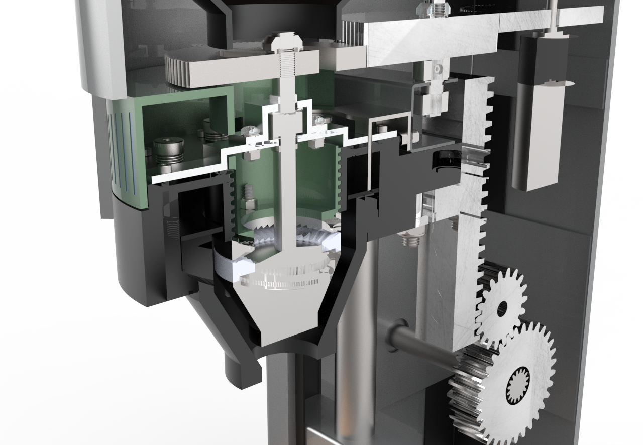 The green dial can be used to adjust the grind size by lifting and lowering the top burr