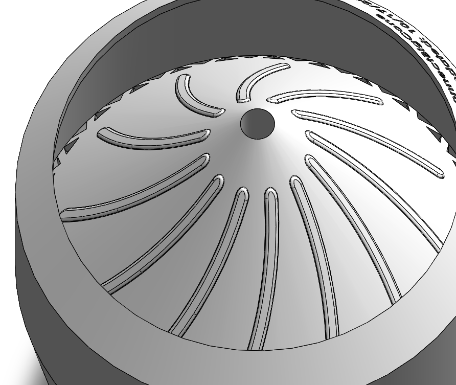 Bumps have been added to the top of the interior cone to increase agitation and feed powder towards the latticed "sieve." Heavy inspiration drawn from my Hario V60 coffee brewer!