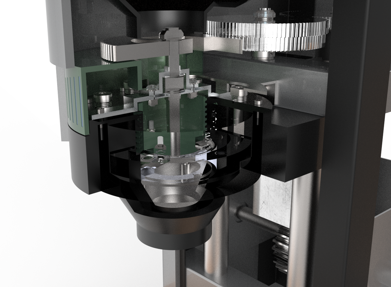 Cutaway view of the main mechanisms. The burr grinder and tamper subassembly