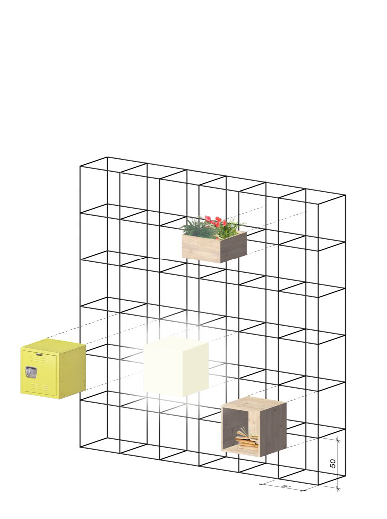 grid with lighting, greens, locker, shelf