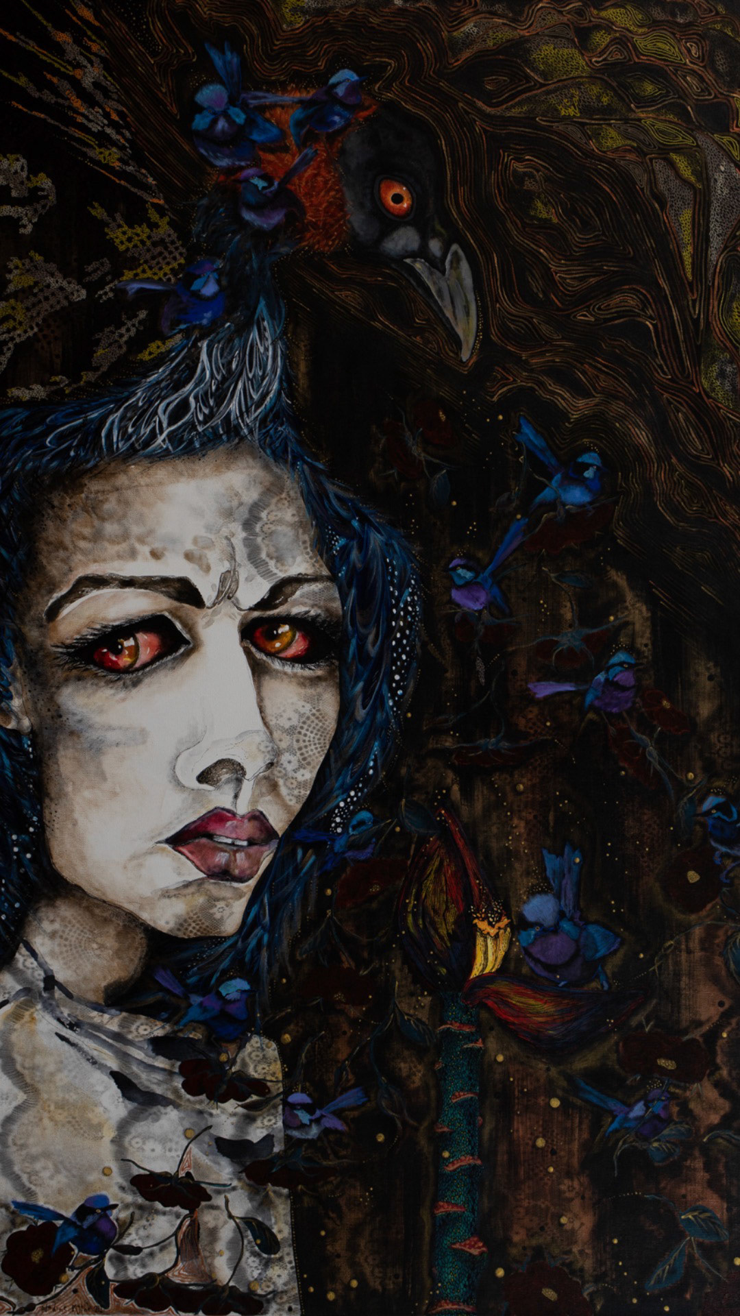 'Girl with Blue Wrens' 76x121cm