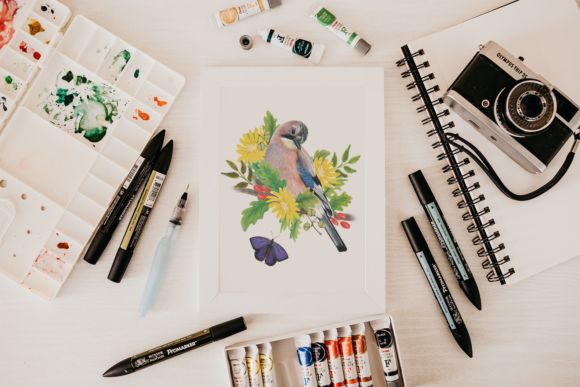 An illustration of an Eurasian jay with flowers and butterfly