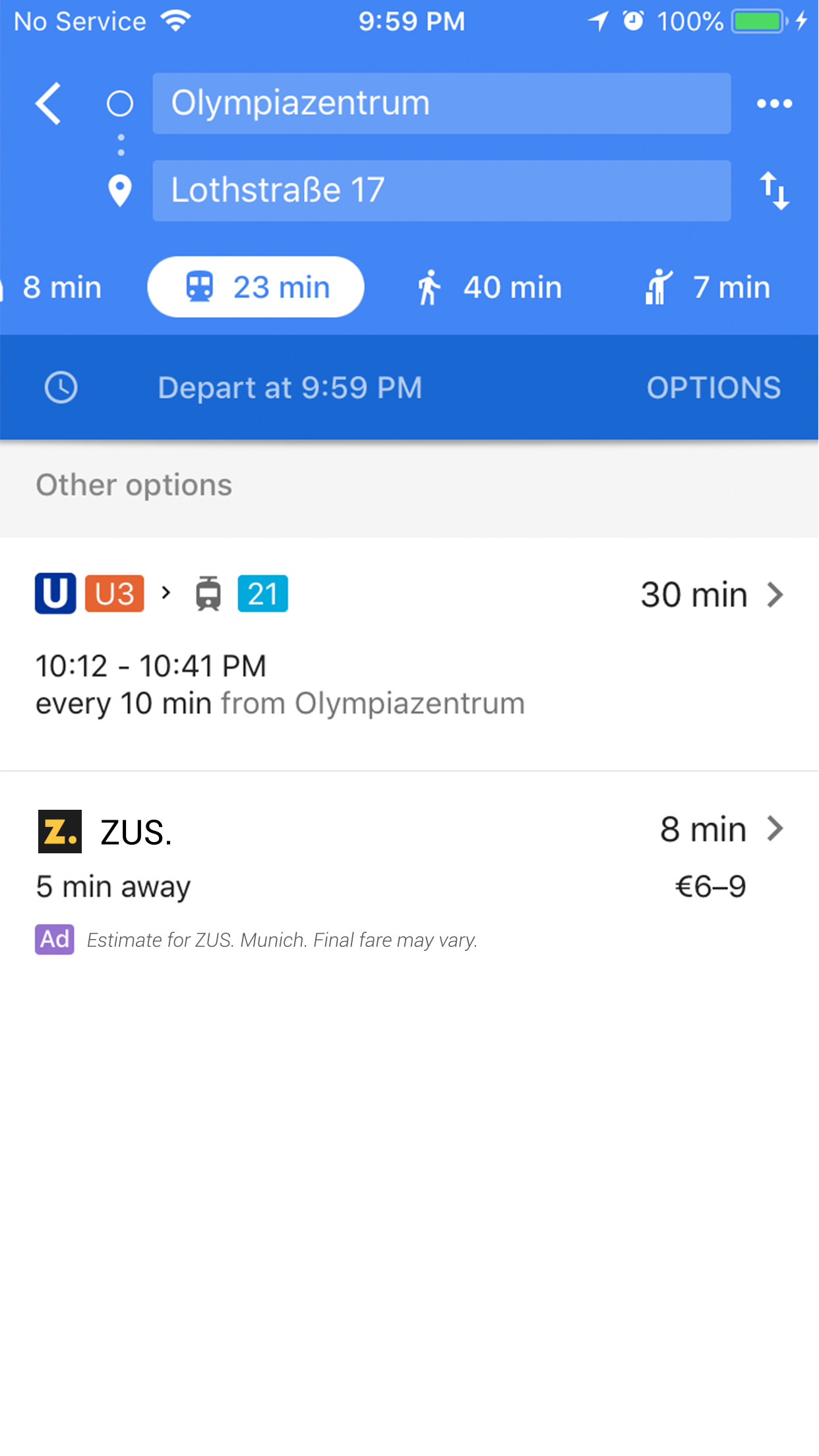 ZUS transport suggestion in Google Maps