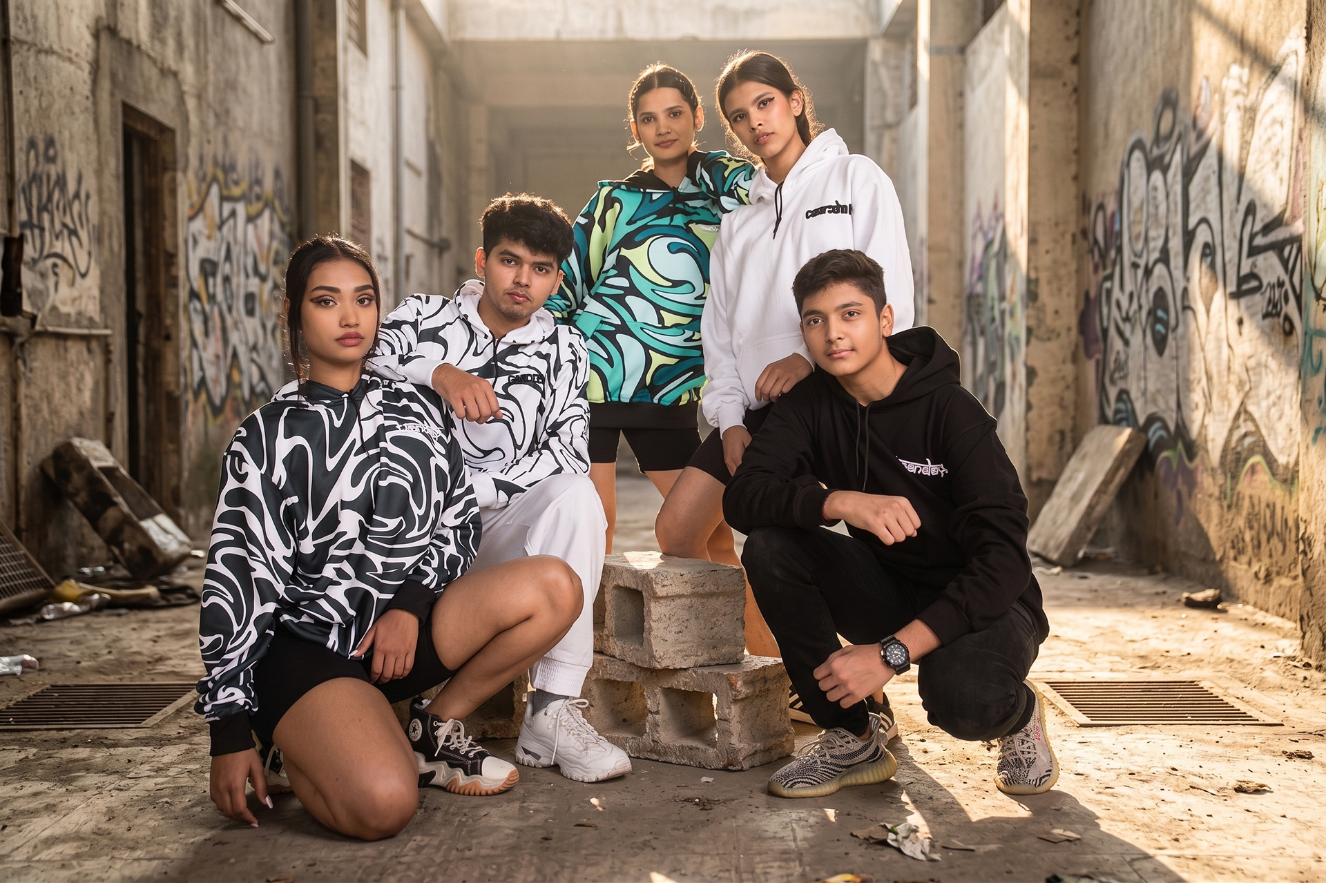 Edgy urban apparel lookbook shot featuring raw industrial textures and relaxed streetwear styling