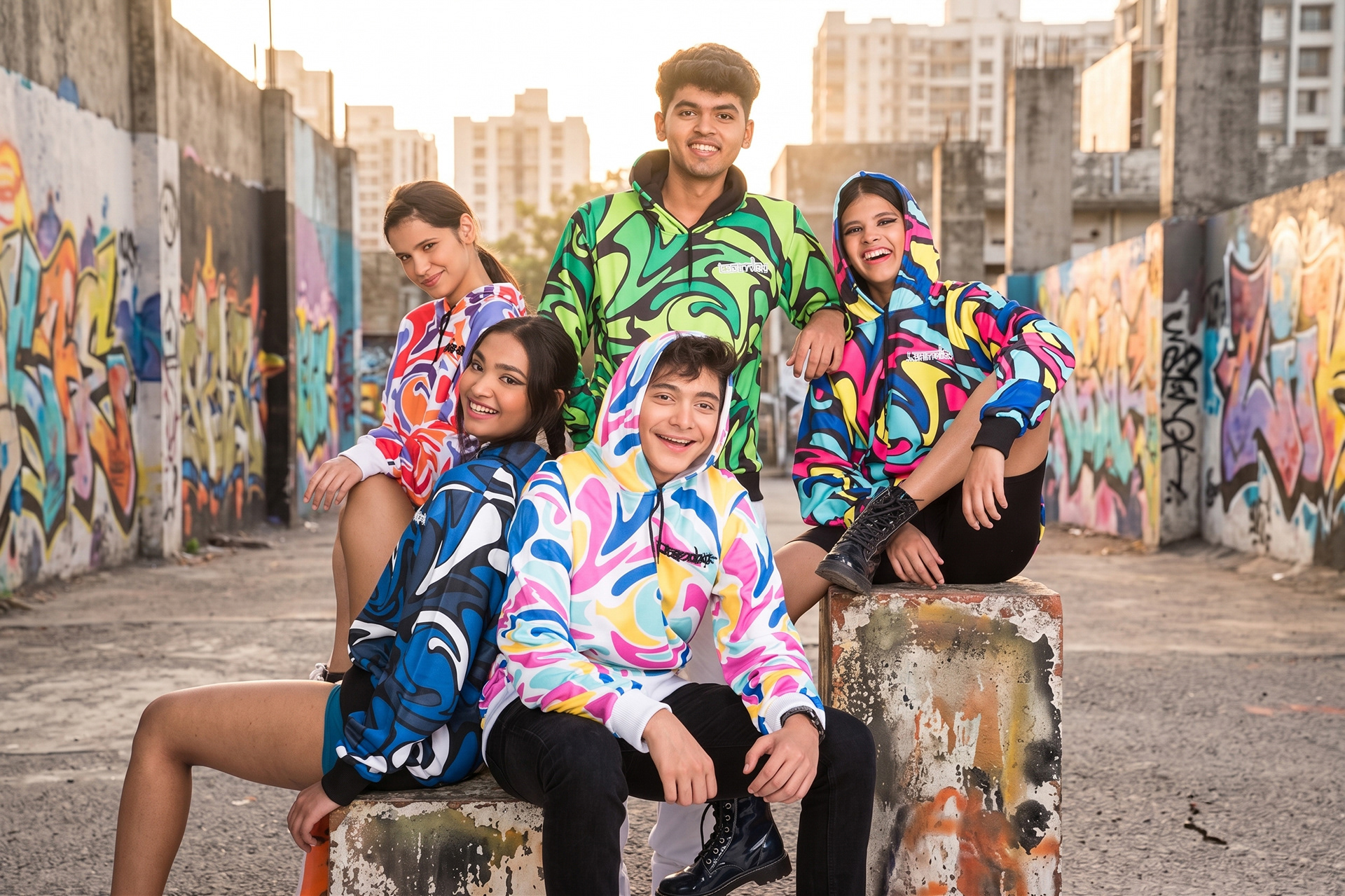 Edgy urban apparel lookbook shot featuring raw industrial textures and relaxed streetwear styling