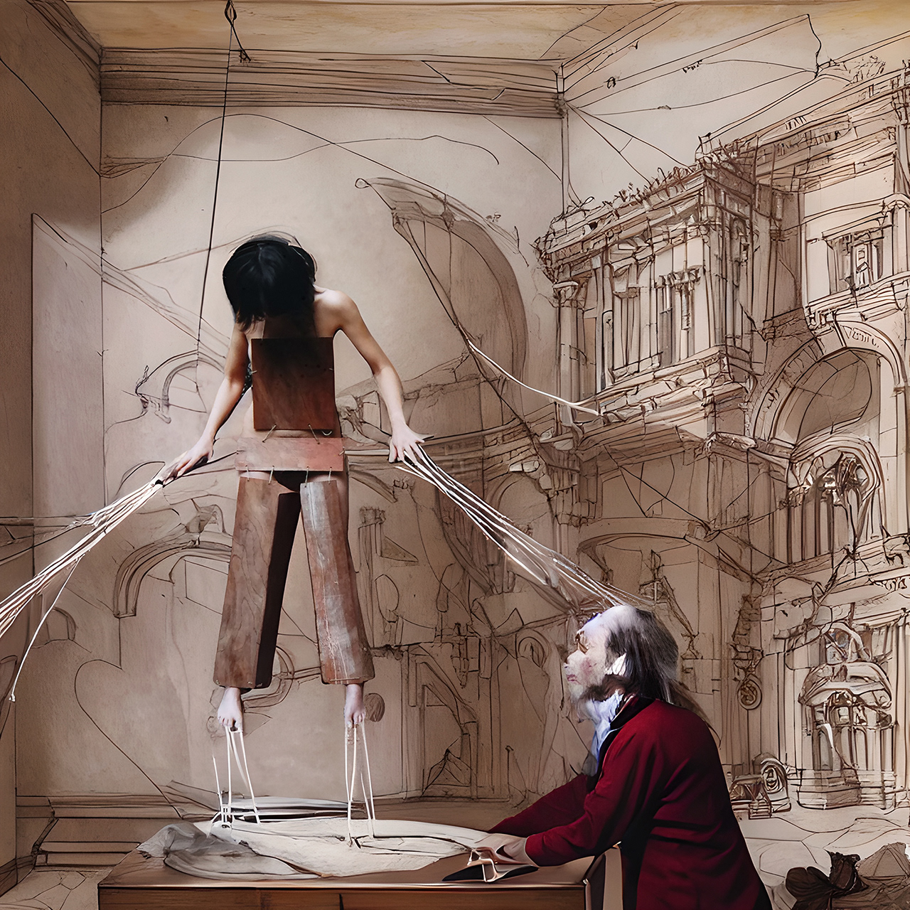 The Puppet, part of series, 16 x 16 in., film photography with AI