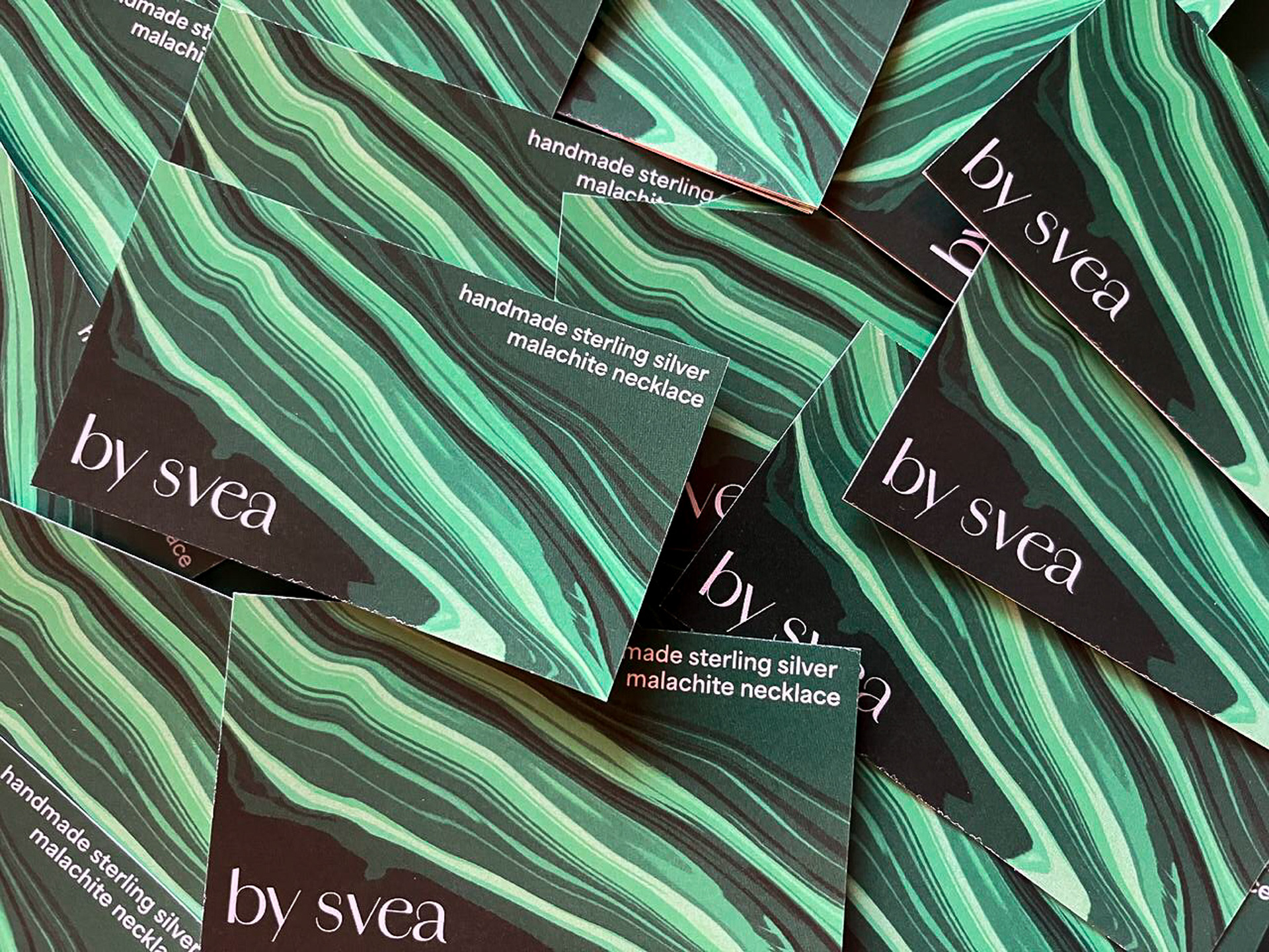 Designed information cards for her handmade malachite necklaces