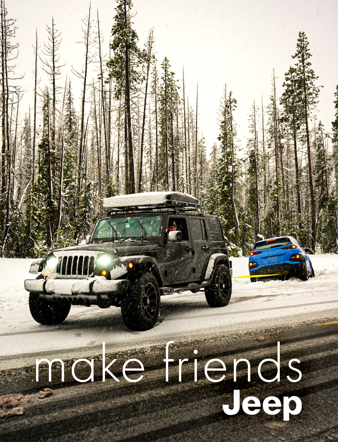 Driving through a blizzard in a Jeep allowed for a great ad when we helped our new friend out of a ditch.