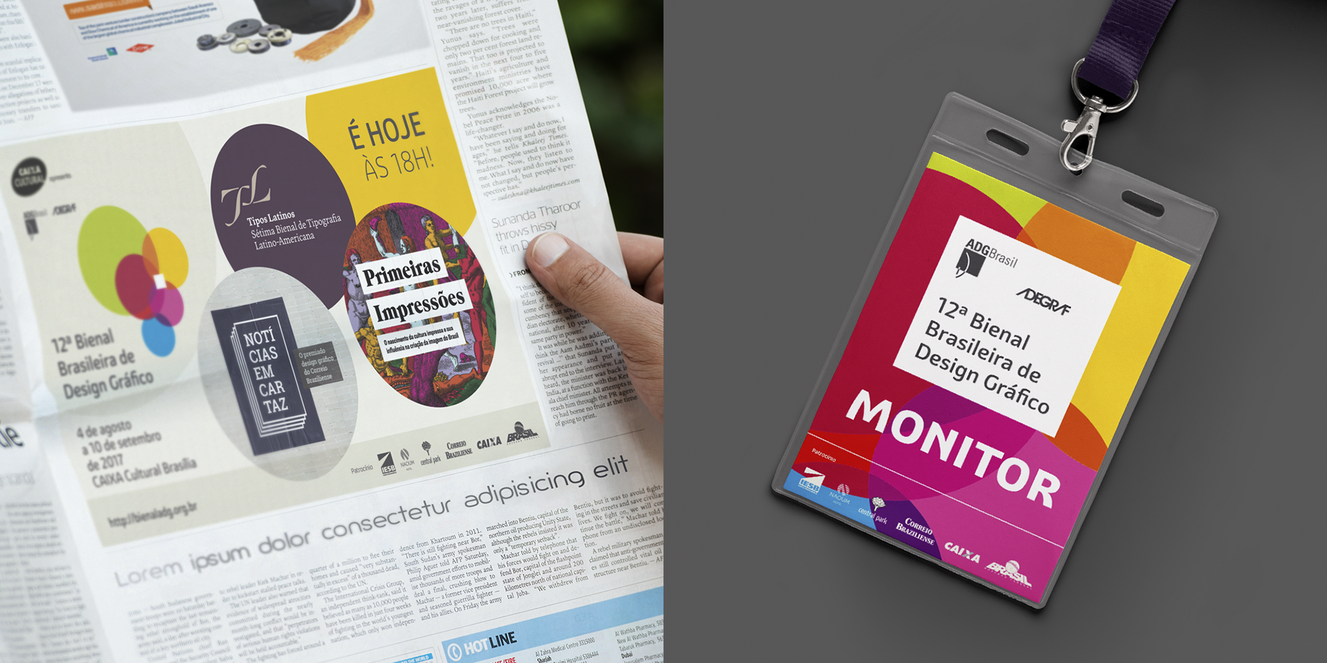 anúncio e crachá da 12ª bienal brasileira de design gráfico 2017 ADG Adegraf