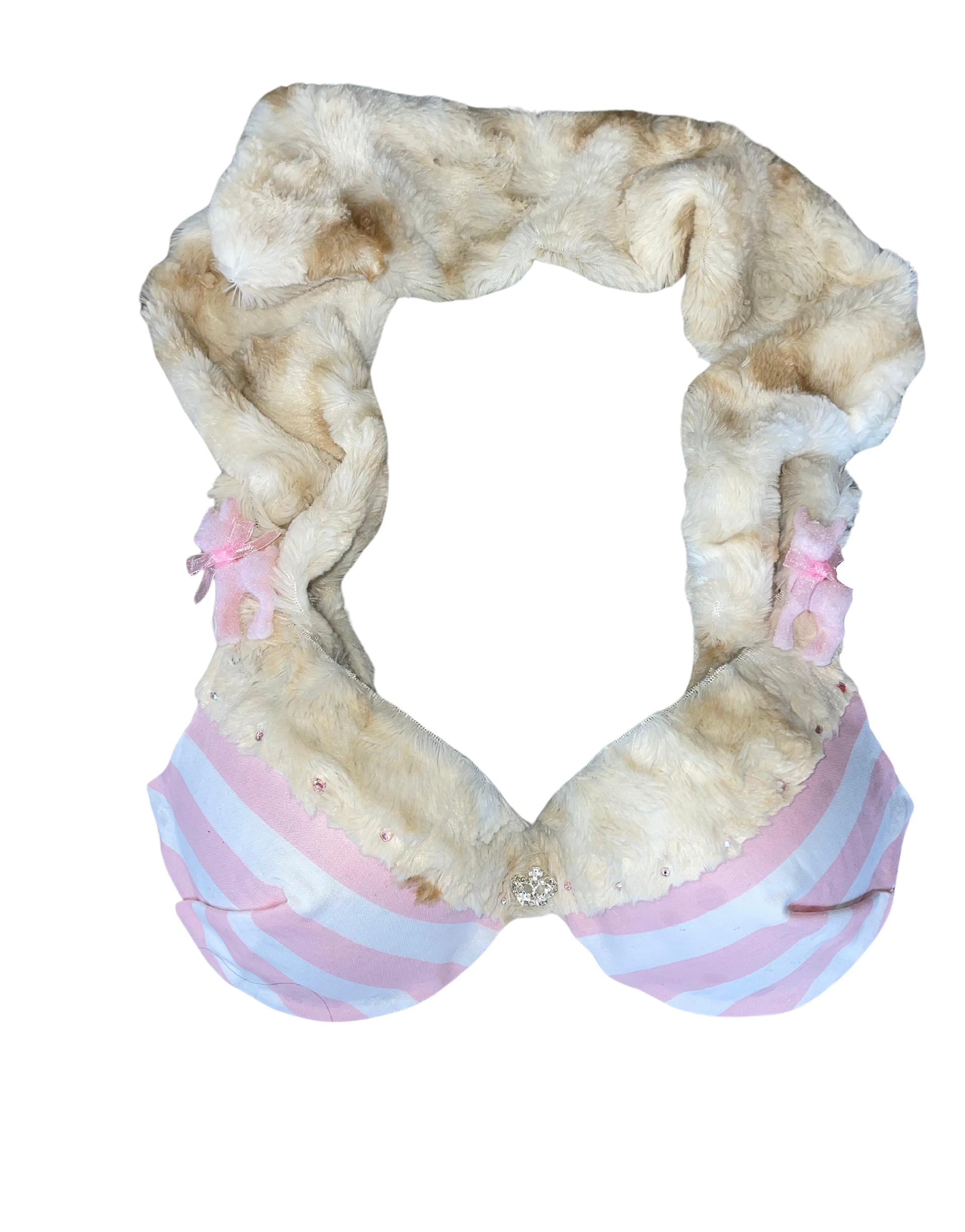 The Eloise bra, featuring a faux fur hood and pink Swarovski crystals.